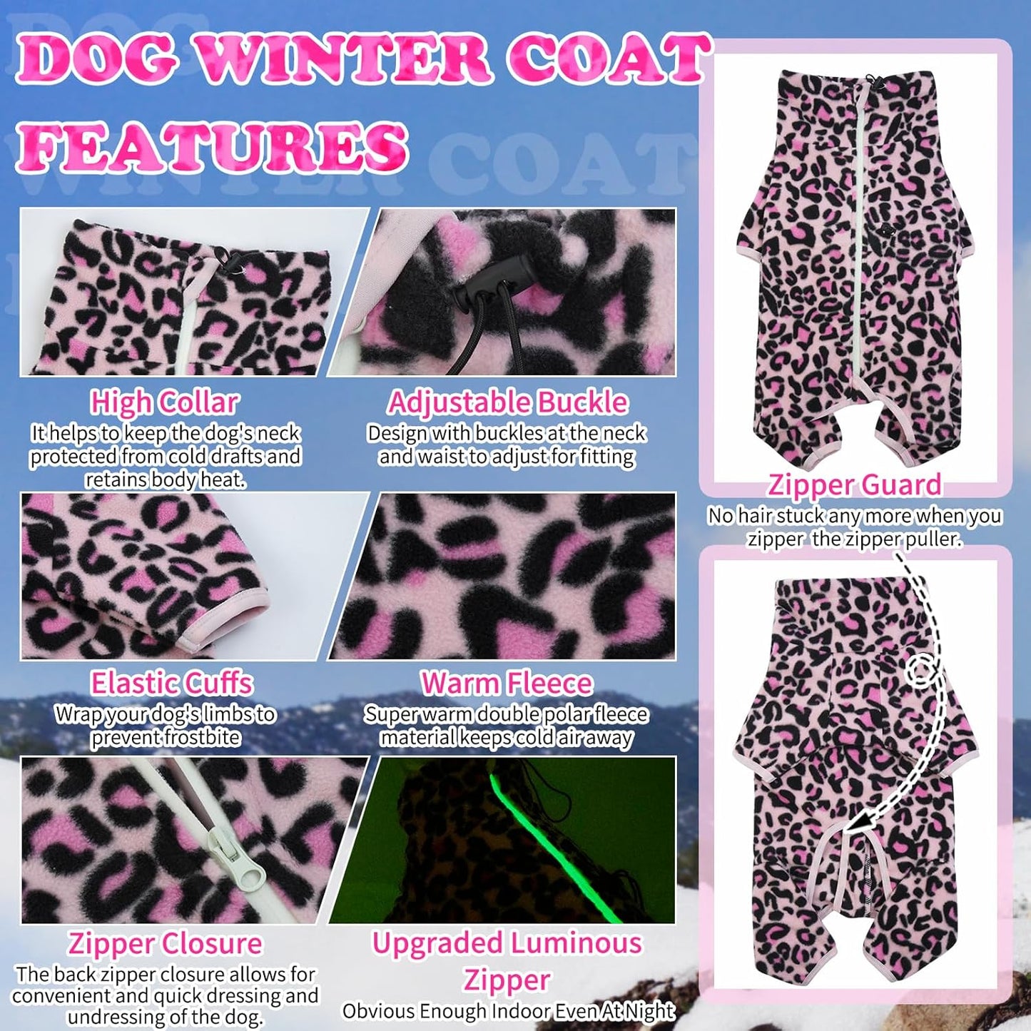 ROZKITCH Dog Fleece PJS with Sleeves, Pet Windproof Warm Cold Weather Jacket Vest with Luminous Zipper, Jumpsuit Apparel Outfit Clothes for Small Medium Large Dog L-Pink S