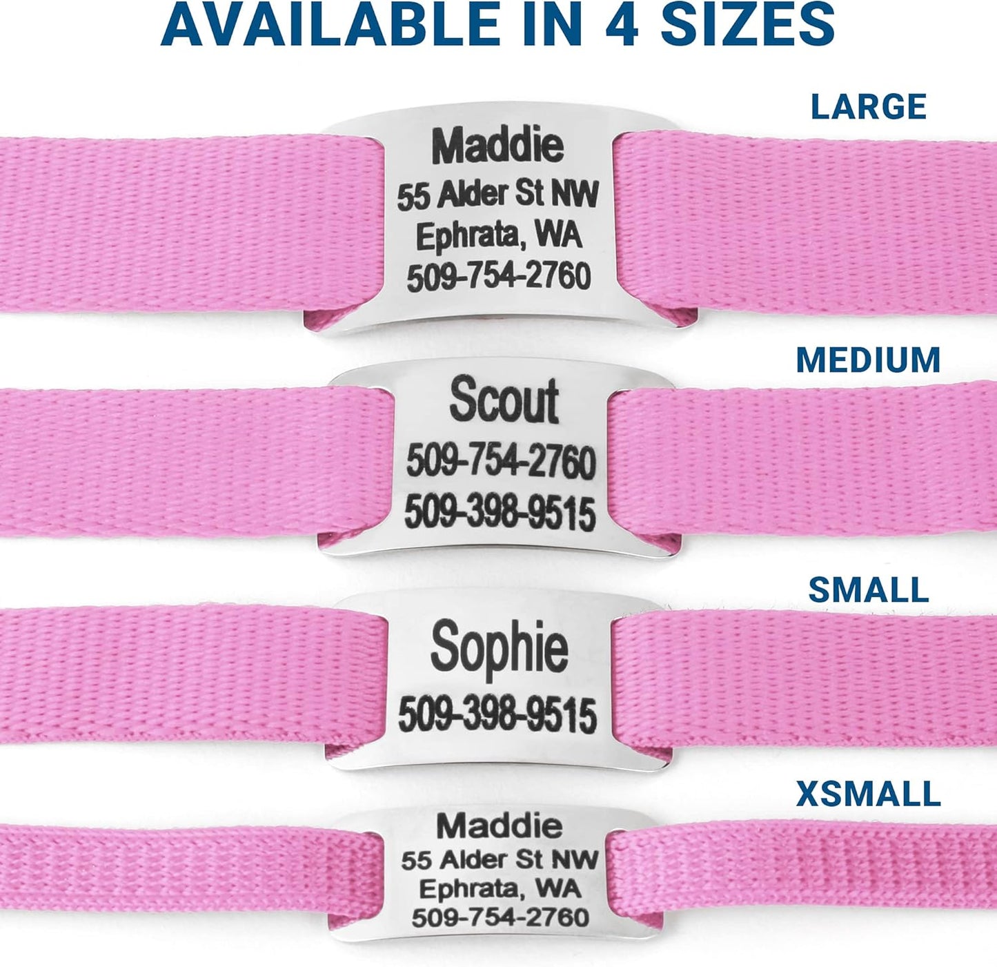 GoTags Personalized Dog Collar with Nameplate, Adjustable Dog Collar with Custom Engraved Slide On Pet ID Tag in Stainless Steel, Silent, No Noise Dog Tag for Large Medium and Small (Pink, Small)