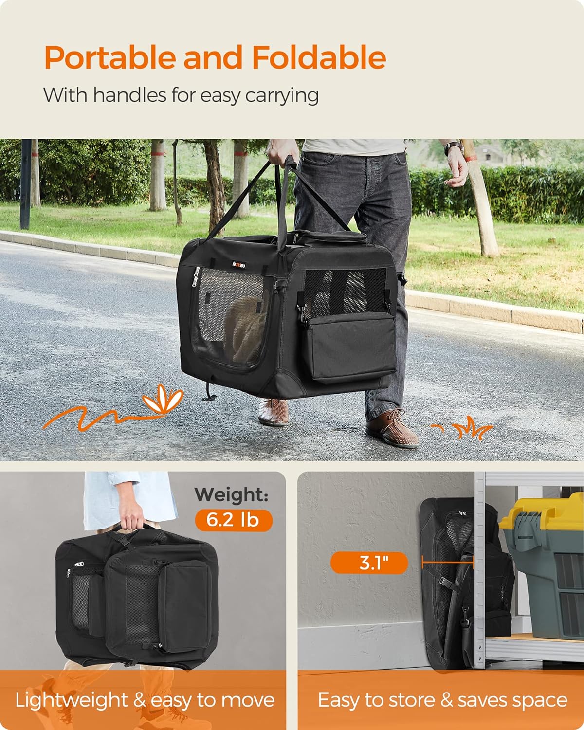 Feandrea 36 Inches Collapsible Soft Dog Crate, Portable Travel Dog Crate for Indoor and Outdoor Use, Dog Carrier Kennel with Safety Zippers, for Living Room, Car, Travelling, Camping, Black UPDC90H