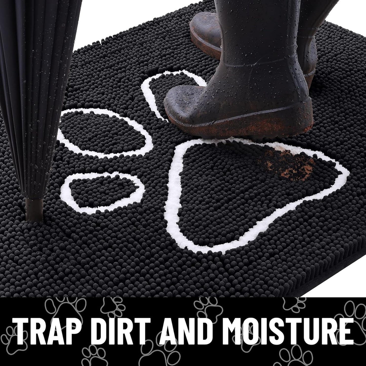 Smiry Dog Door Mat for Muddy Paws, Absorbent Dirt Trapper Non Slip Quick Dry Washable Chenille Mat for Mud Dogs, Entry Rug for Indoor and Outdoor (30x20 Inches, Black)