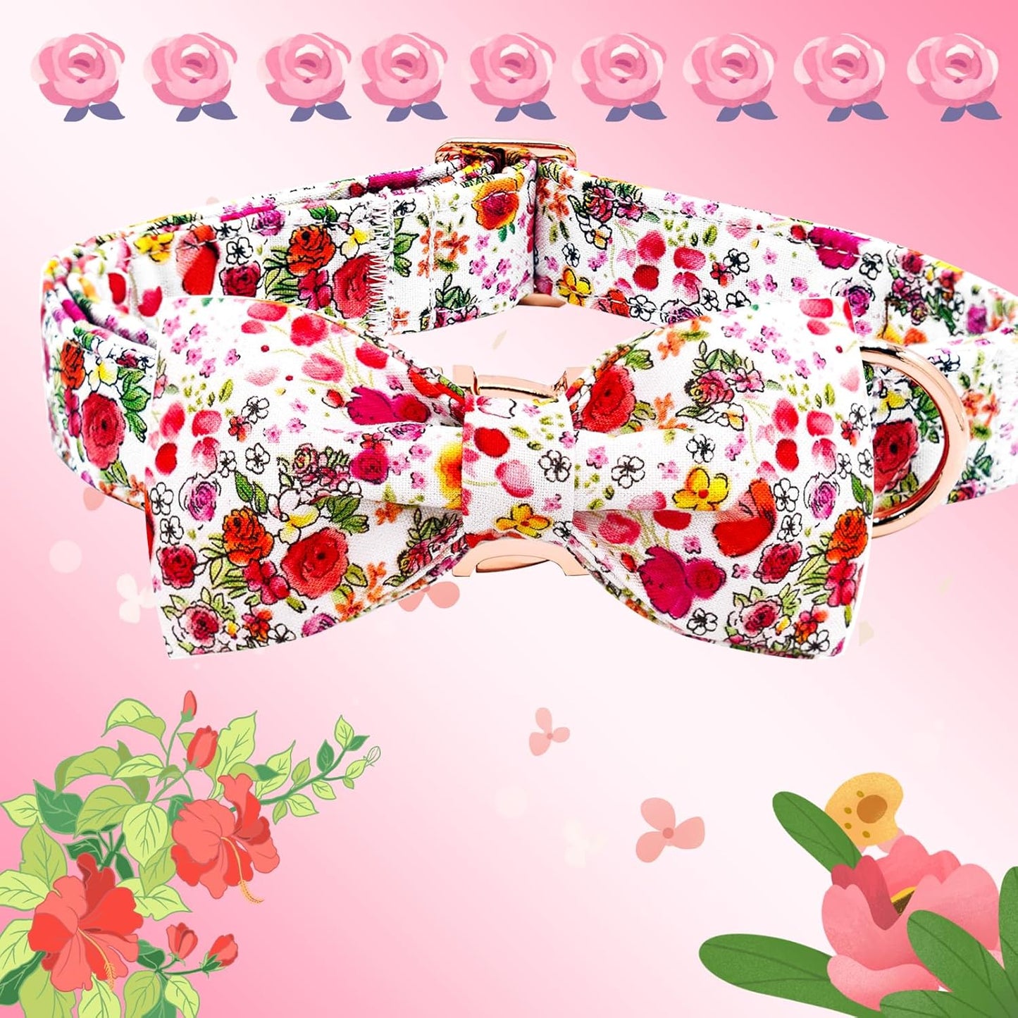 Elegant little tail Dog Collar, Pink Rose Print Pet Collar Summer Dog Collar Durable Metal Buckle Dog Collars Cotton Pet Adjustable Dog Collars for Large Dogs