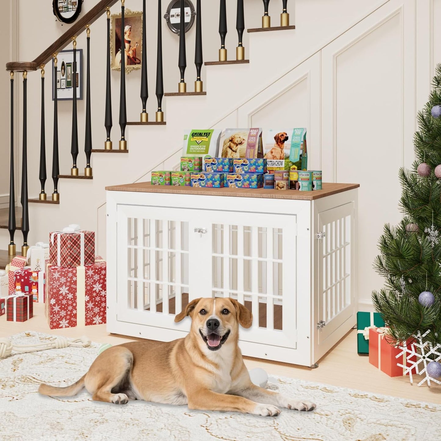 42" Heavy Duty Dog Crate Furniture for Small,Medium and Large Dogs,Rustic Wooden Dog Cage Kennel Indoor Furniture with Waterproof Top,Decorative Pet House Side End Table (White & Wood)