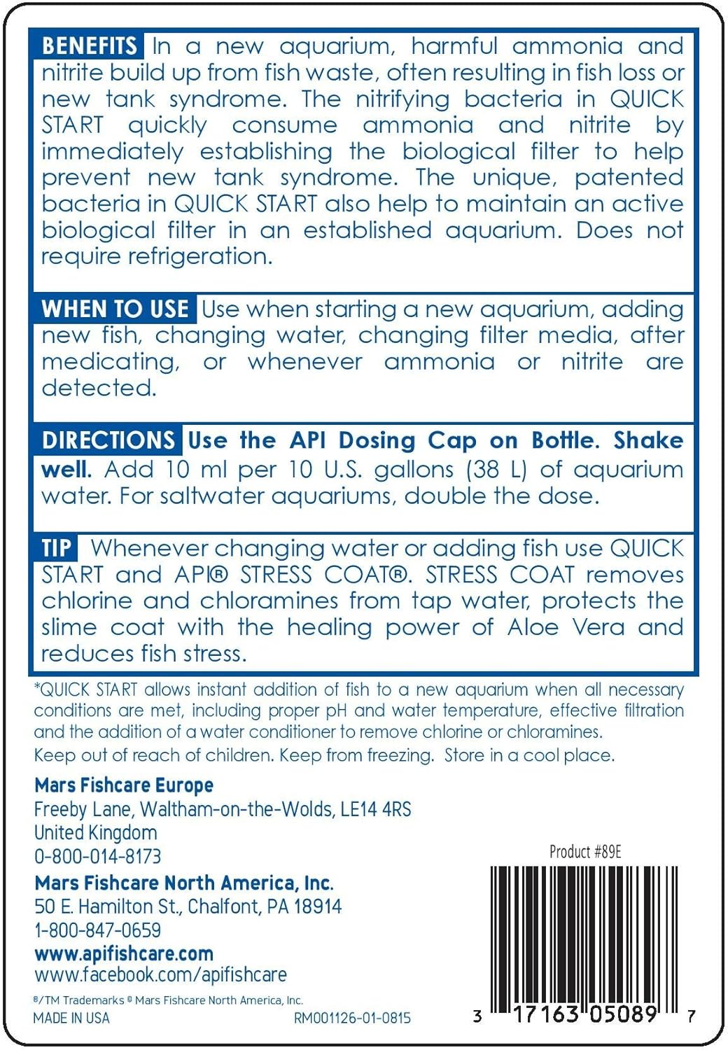 API QUICK START Freshwater and Saltwater Aquarium Nitrifying Bacteria and API TAP WATER CONDITIONER Aquarium Water Conditioner Bundle
