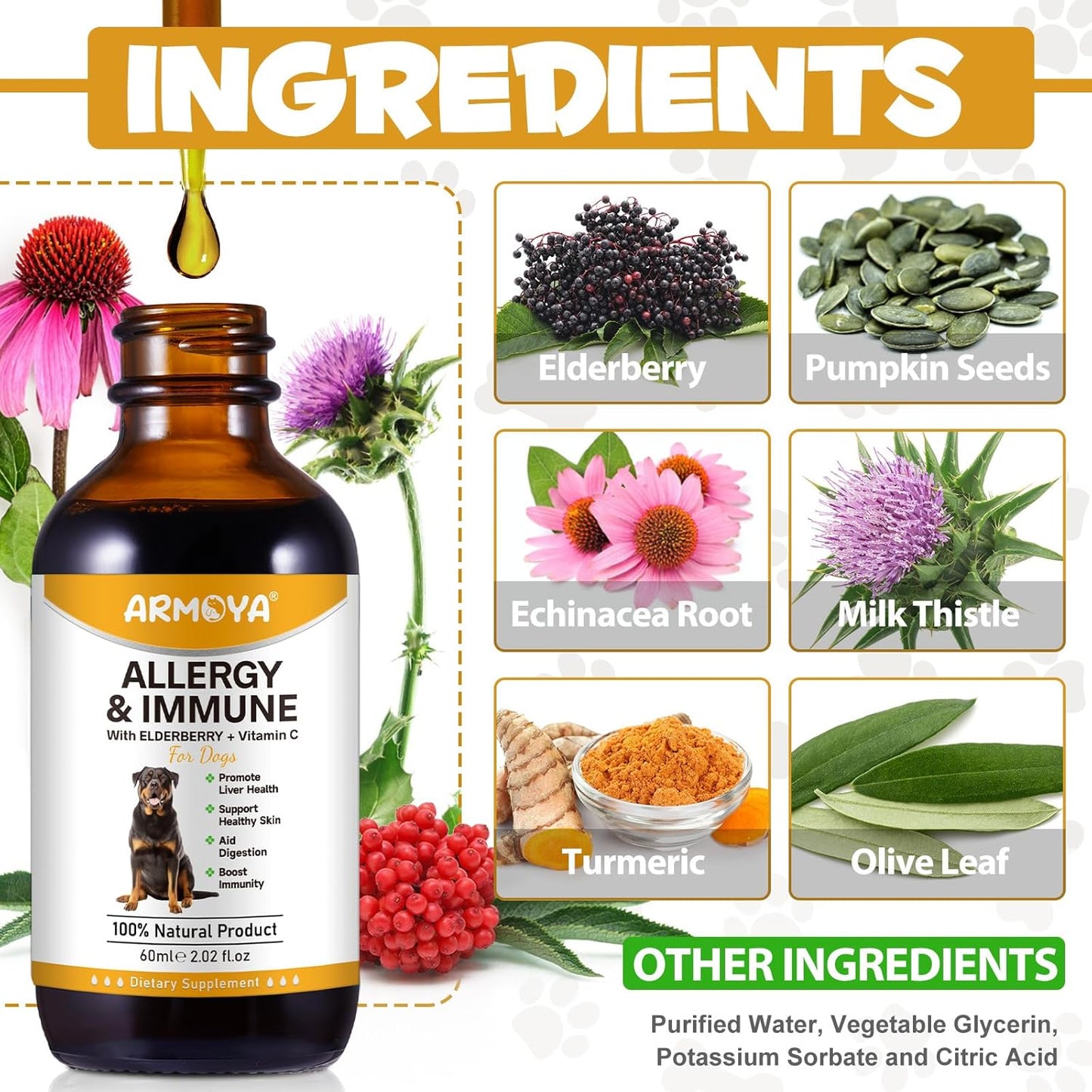 Allergy Relief Drops for Dogs,Allergy and Immune,Immune Support Supplement,Dog Supplement,Natural Pet Supplement for Dog Allergy Relief with Turmeric & Milk Thistle