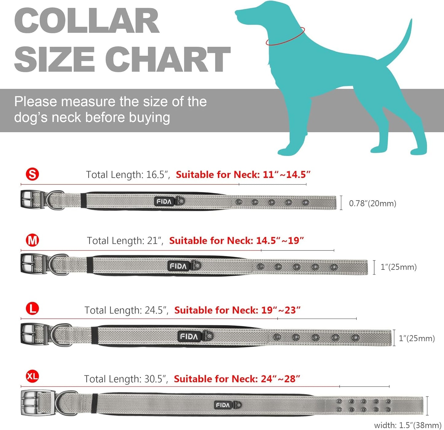 Fida Heavy Duty Dog Collar, Ultra Comfortable Soft Neoprene Padded, Adjustable Reflective Nylon Pet Collar with Durable Metal Belt Buckle for Medium Breeds (M, Grey)