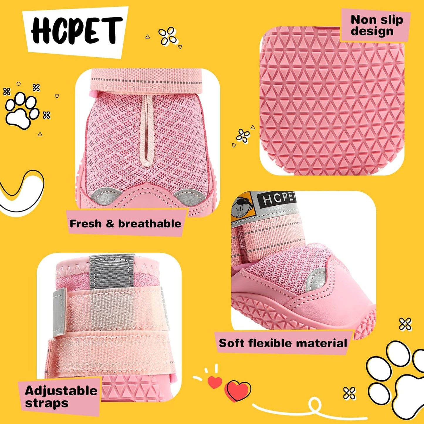 Hcpet Dog Shoes for Large Dogs, Breathable Dog Booties for Small Medium Dogs, Anti-Slip Dog Boots & Paw Protectors for Hot Pavement Winter Snow Hiking with Reflective Straps Pink Size 4
