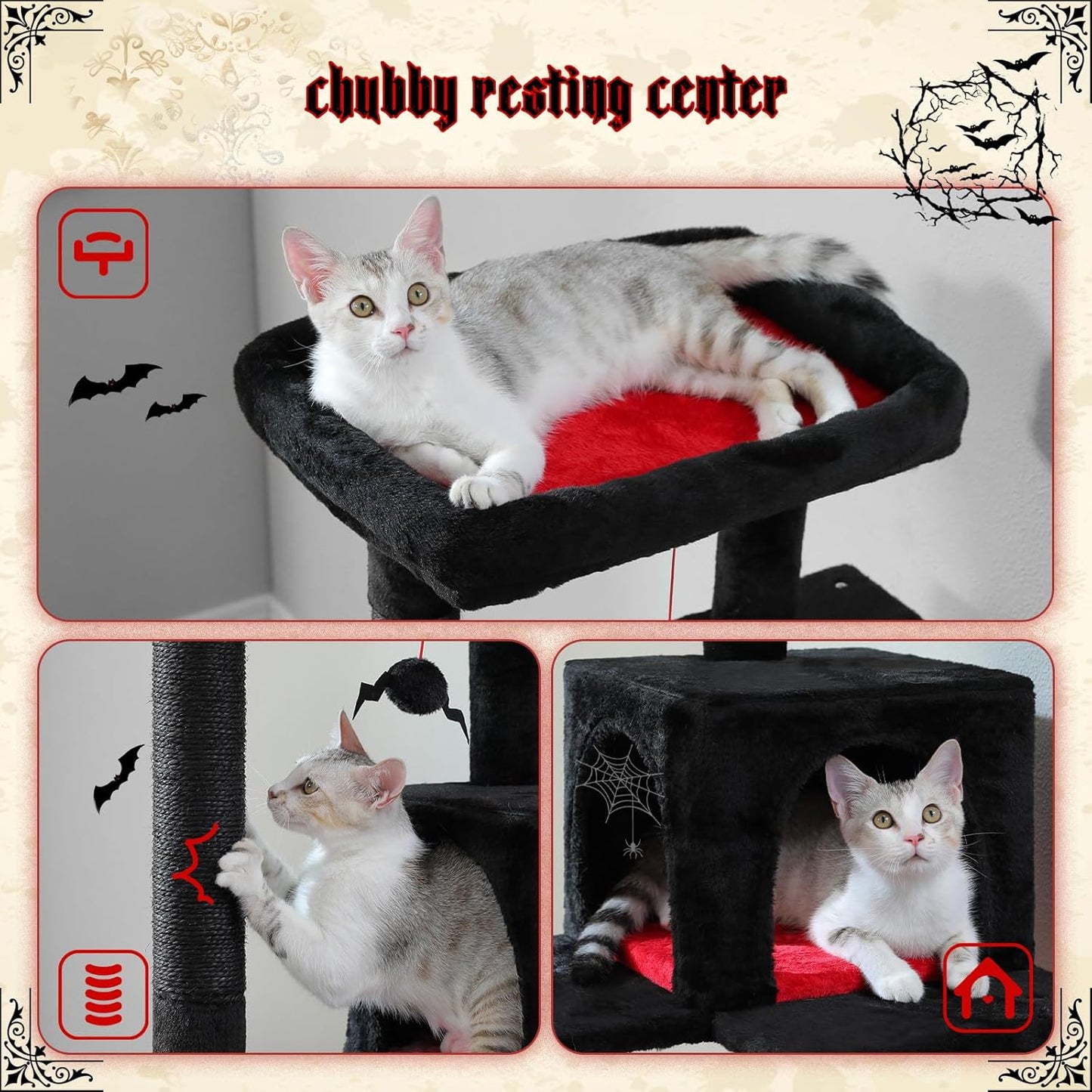 PETEPELA 56.3" Gothic Cat Tree for Indoor Cats, Tall Cat Tower with Super Large Hammock (20"X16"), Sisal Covered Scratching Posts, Cozy Condo and Top Perch Black