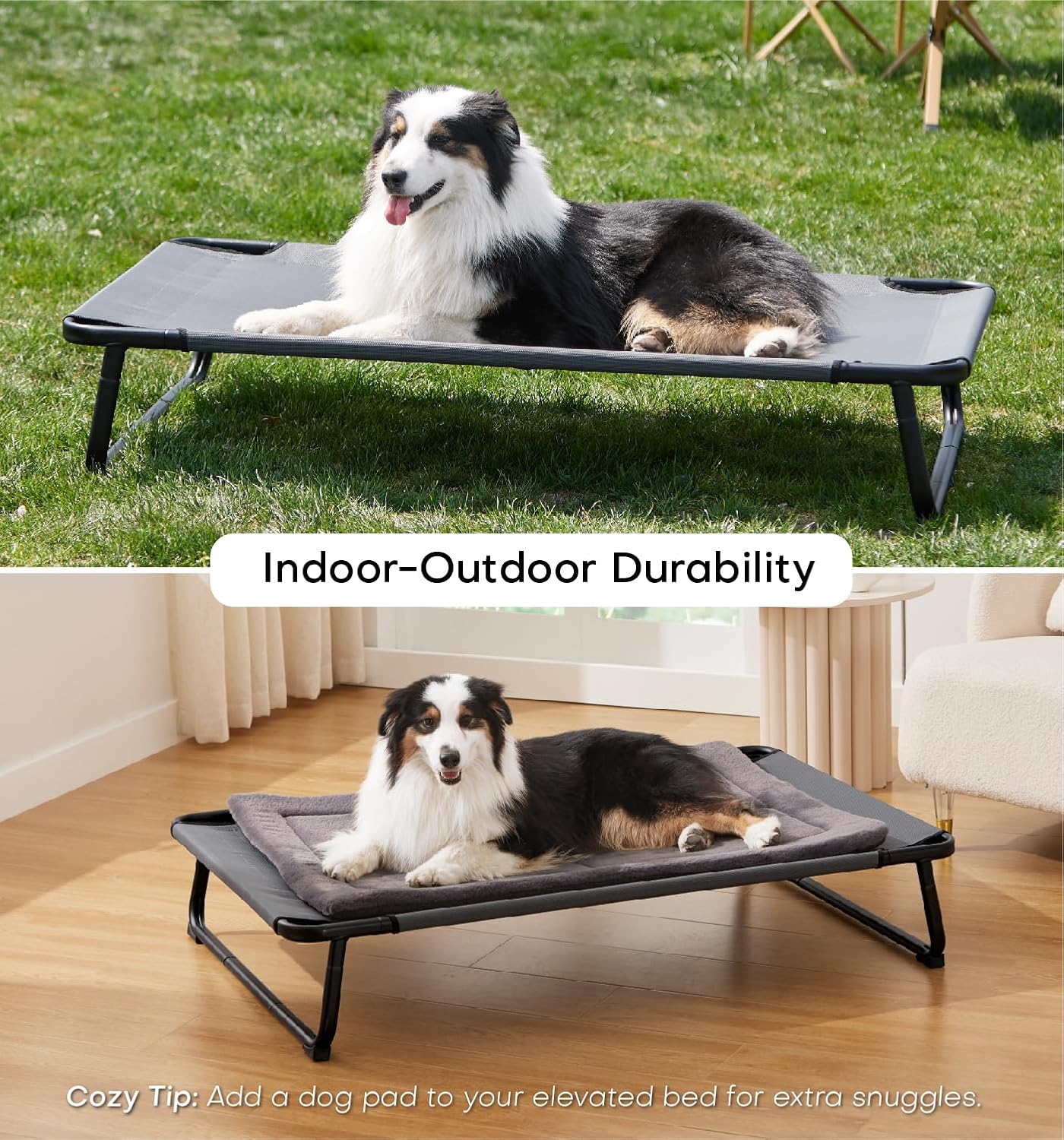 Made4Pets Elevated Outdoor Dog Bed for Extral Large Dogs – Heavy-Duty Raised Cot with Breathable Cooling Mesh, No-Slip Feet, Chew-Resistant Frame, Indoor & Outdoor Pet Hammock, 49"x32", Gray