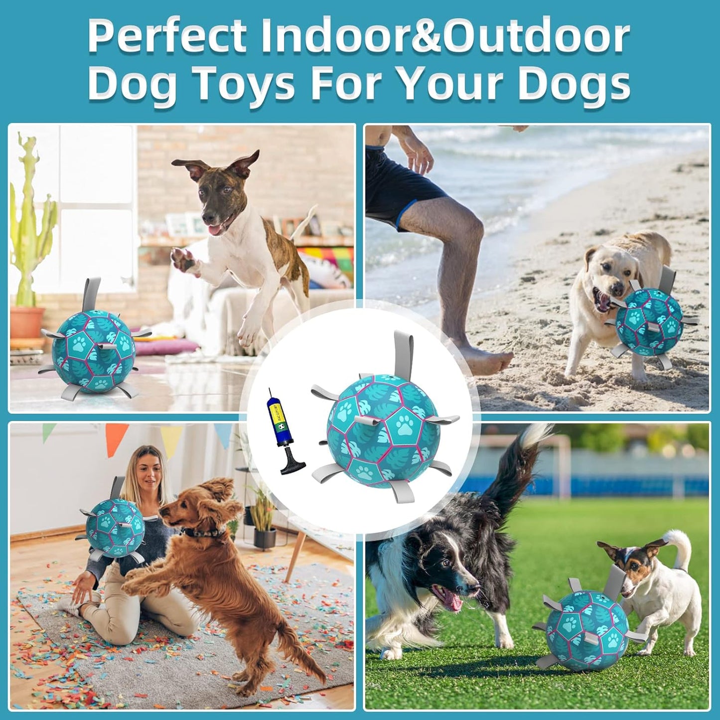 QDAN Dog Toys Soccer Ball, Tug of War Toy, Puppy Birthday Gifts, Water Toy, Durable Dog Balls for Medium Large Dogs, Lake Blue(8 inch)