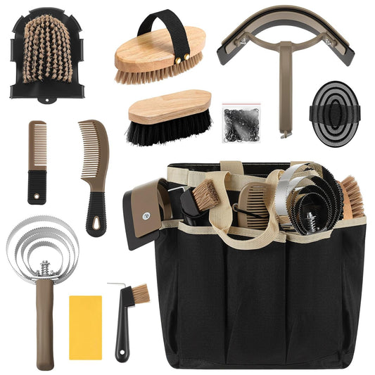 Abbylike 12 Pieces Horse Grooming Kit with Organizer Tote Bag Tack Room Supplies Horse Brush Sets Equine Care Cleaning Kit Shedding Grooming Massaging Tools(Khaki)