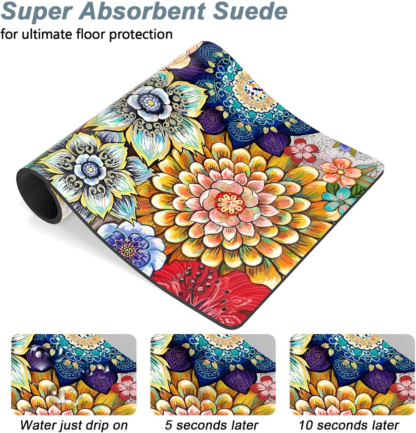 Rnivvi Dog Food Mat, 16" x 24" Flower Absorbent Dog Cat Bowl Mat for Food and Water, Cute Anti-Slip Rubber Pet Feeding Rug Protect Floors, Puppy Placemat for Feeding & Watering Supplies,Mandala Floral