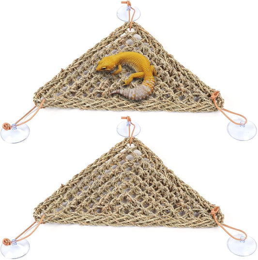 kathson Bearded Dragon Hammock, Bearded Dragon Accessories, Natural Seagrass Reptile Hammock, Reptile Lounger Habitat Decor for Chameleons, Lizards, Geckos, and Snakes（11 x 7.8 x 7.8 inches, 2 PCS）