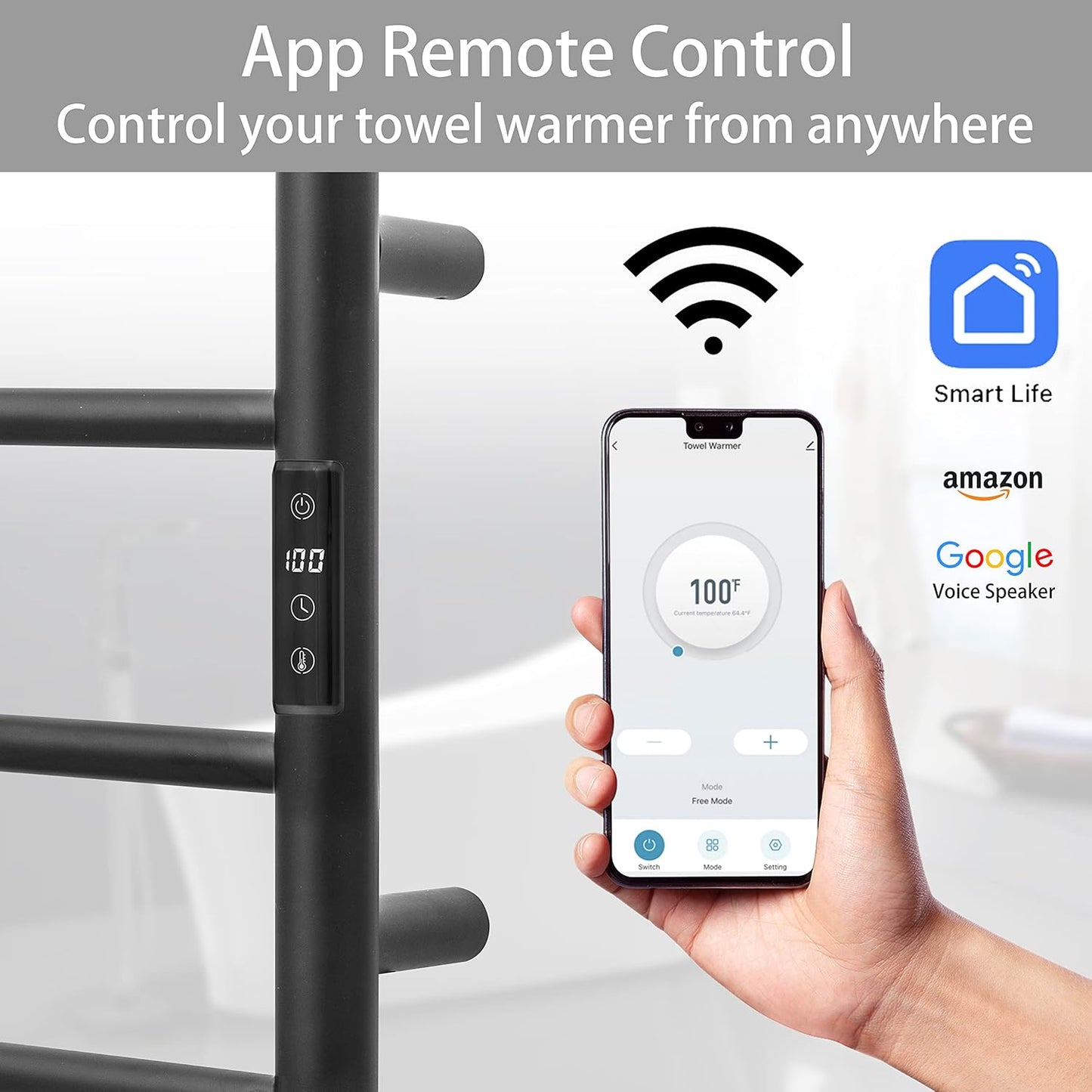 KEG Smart WiFi Towel Warmer Wall Mounted with Built-in Timer and Temperature Adjust Control, 4 Bars Electric Stainless Steel Heated Towel Racks for Bathroom Matte Black