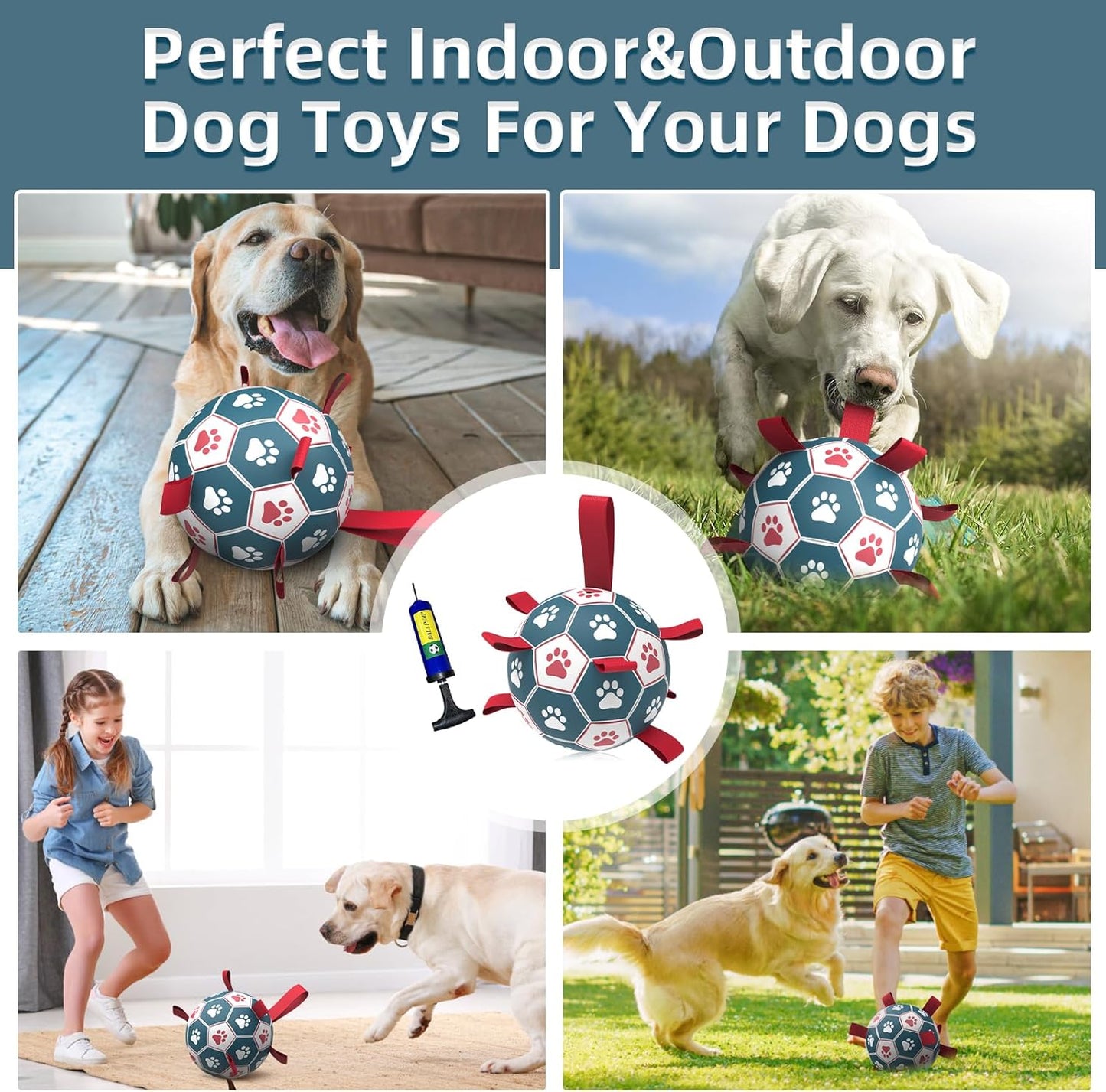 QDAN Extra Large Soccer Ball with Straps, Interactive Dog Toys for Tug of War, Puppy Birthday & Water Toy, Large Dog Balls - Blue & Red (9 Inch)