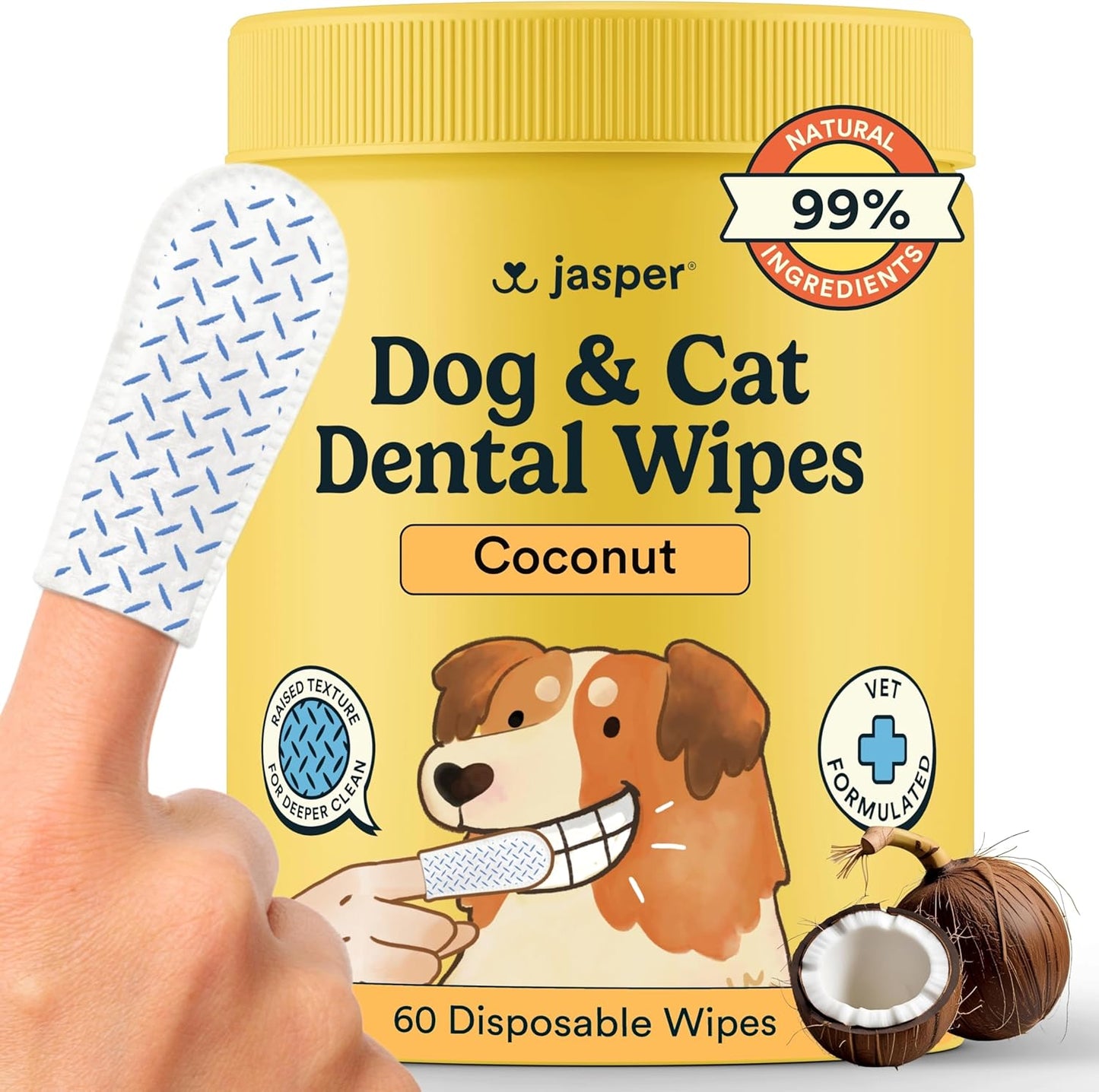 Jasper Dog Dental Wipes, Dog Finger Toothbrush Disposable, Tooth Brush Cleaning Wipes, Pet Teeth Cleaning Dental Care, 60 Count, Coconut