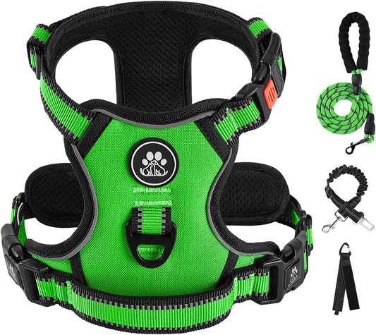 IVY&LANE No Pull Dog Harness for Large Dogs, Dog Vest Harness with Leash, Safety Belt and Storage Strap, Fully Adjustable Harness, 360° Reflective Strip, Soft Handle (Green, L)