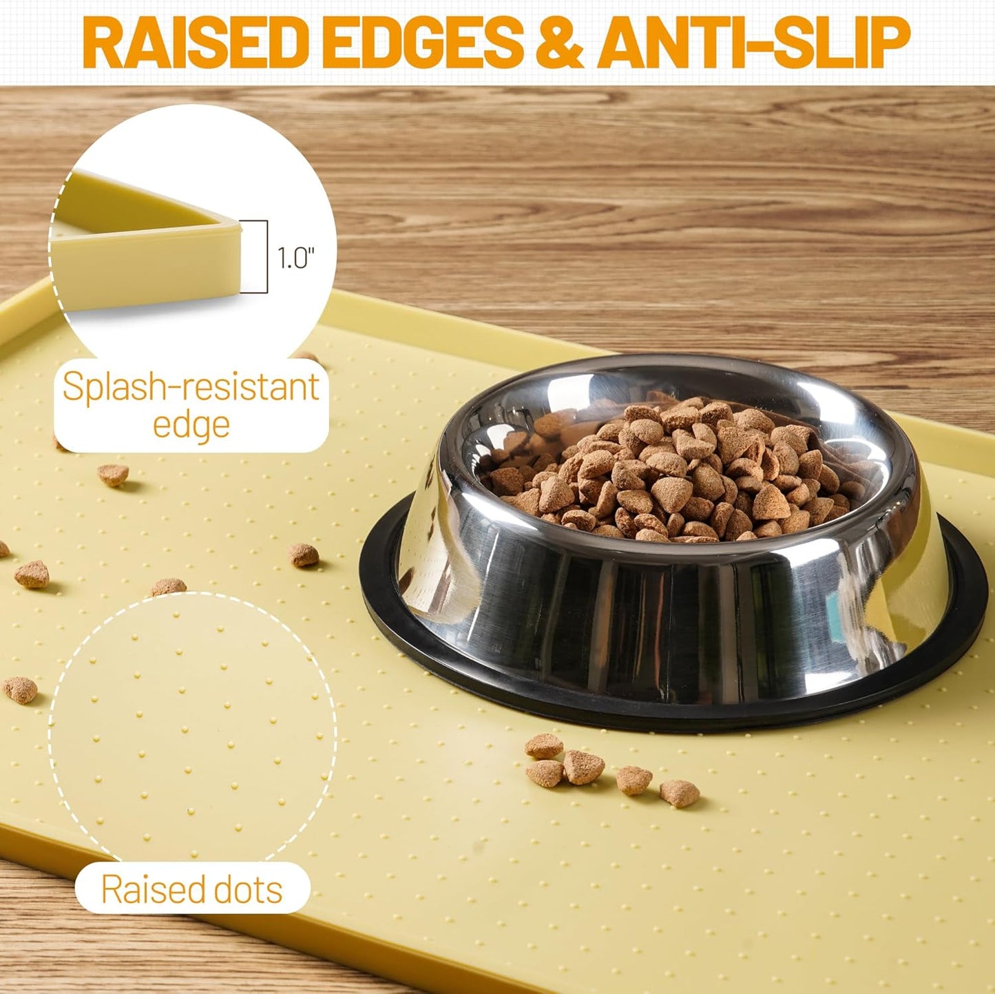 Hubulk Dog Feeding Mat,100% Waterproof Food Grade Silicone Pet Food and Water Bowl Placemat,Dishwasher, High Raised Edge to Prevent Spills,Nonslip Tray to Stop Messes on Floor (32"x24"x1.0", Yellow)