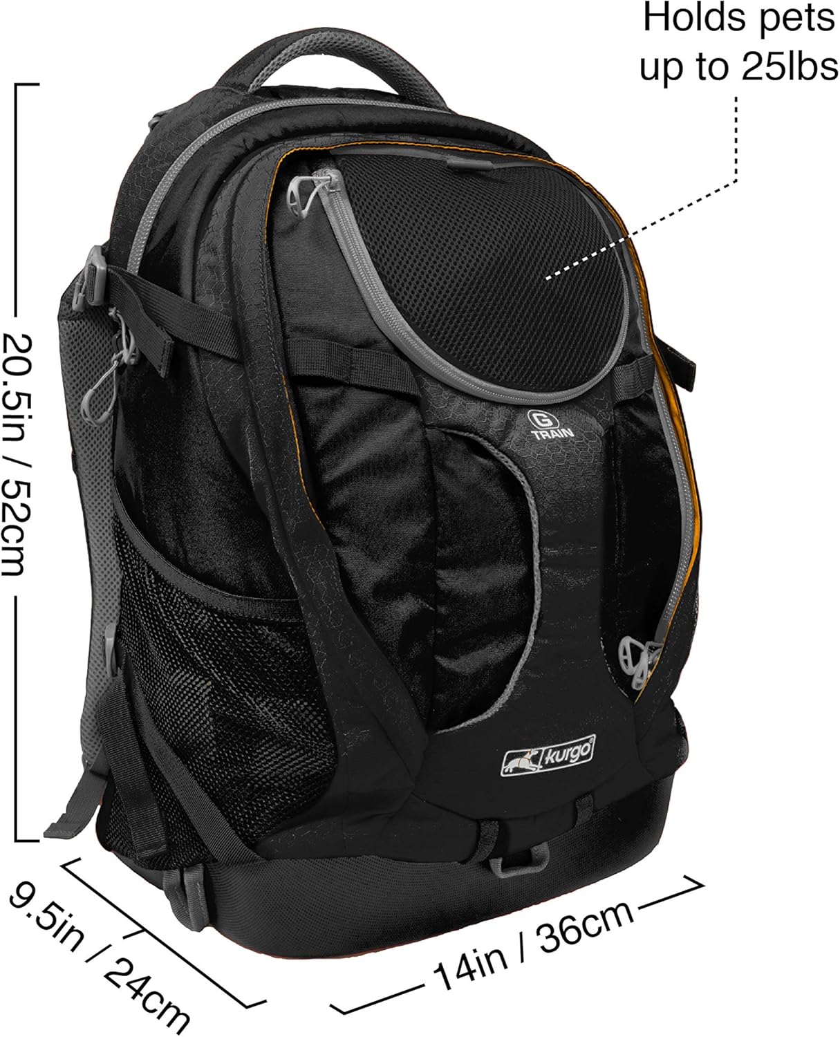 Kurgo G-Train - Dog Carrier Backpack for Small Pets - Cat & Dog Backpack for Hiking, Camping or Travel - Chest Straps & Hip Belt - Reflective - Two Water Bottle Sleeves - Waterproof Bottom (Black)