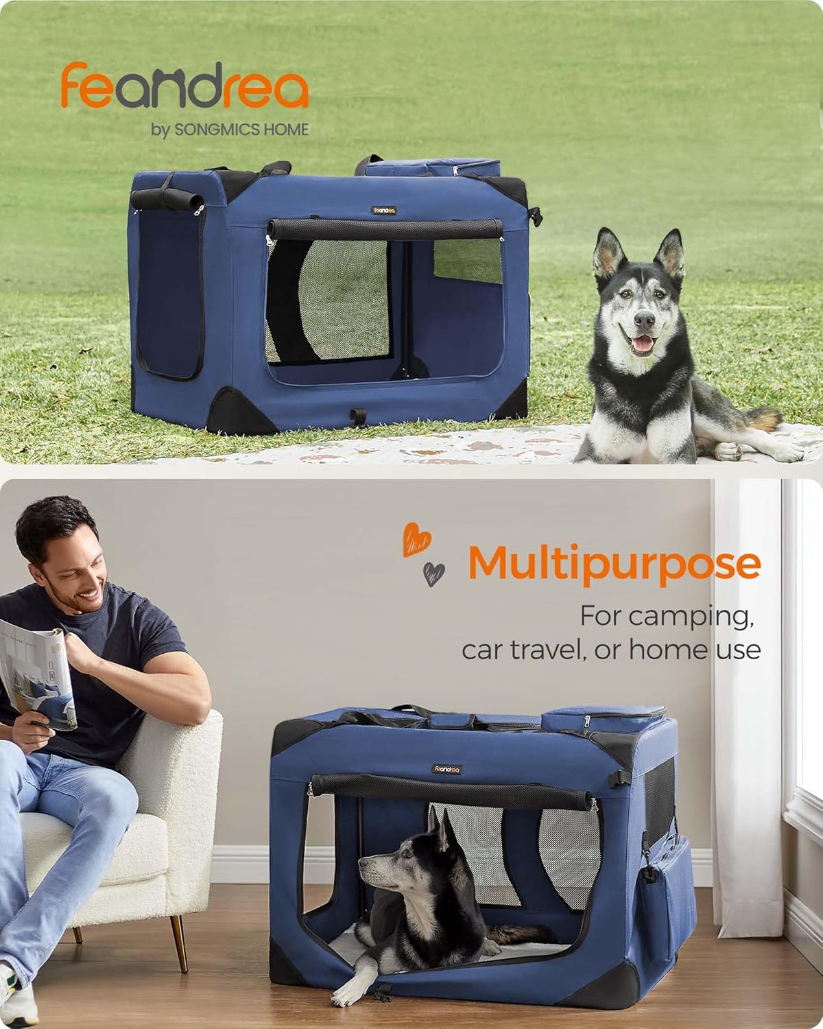 Feandrea 36 Inches Collapsible Soft Dog Crate, Portable Travel Dog Crate for Indoor and Outdoor Use, Dog Carrier Kennel with Safety Zippers, for Living Room, Car, Travelling, Campin, Dark Blue UPDC90Z