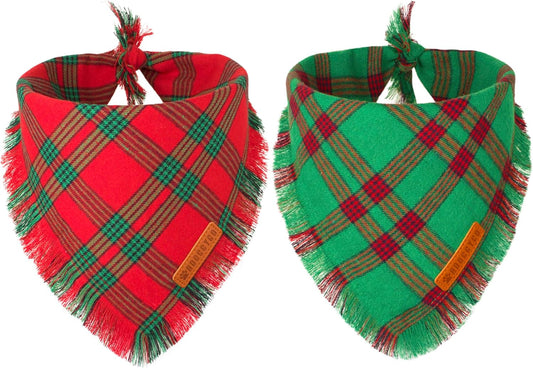 ADOGGYGO Christmas Dog Bandanas with Tassels, Red Green Plaid Pet Xmas Scarf Bib, Multiple Sizes, Christmas Bandana for Medium Large Dogs Pets (Large)