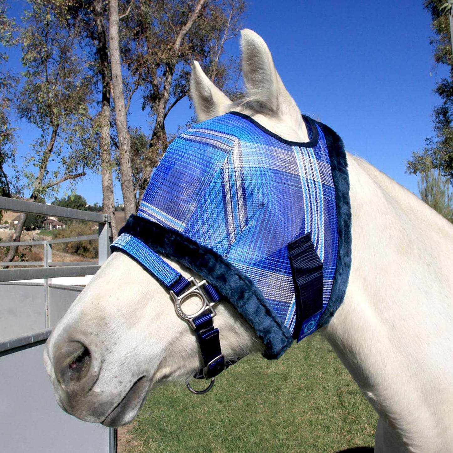 Kensington Fly Mask with Fleece Trim for Horses — Protects Face and Eyes from Flies and Sun Rays While Allowing Full Visibility — Breathable and Non Heat Transferring, Medium, Kentucky Blue