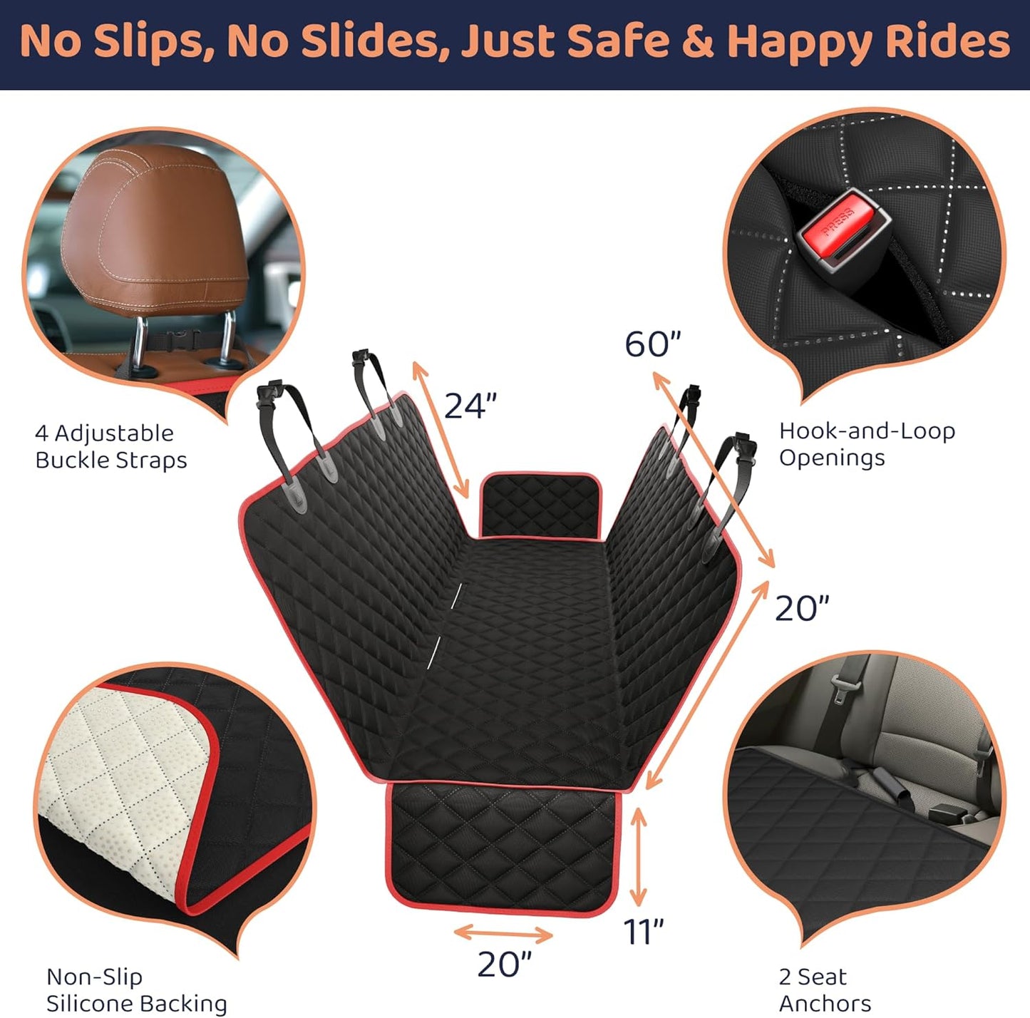 XL Dog Car Seat Cover for Back Seat, Waterproof Hammock for Car, SUV & Truck, Non-Slip Backseat Cover for Dogs, Heavy-Duty Dog Hammock Style Seat Protector Pets, Easy to Install & Clean
