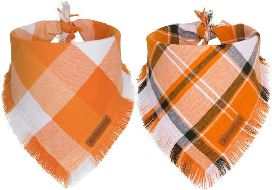 ADOGGYGO Fall Dog Bandanas, Halloween Thanksgiving Pet Bandana, Multiple Sizes Offered, Orange Plaid Fall Holiday Bandana for Small Dogs Pets (Small)