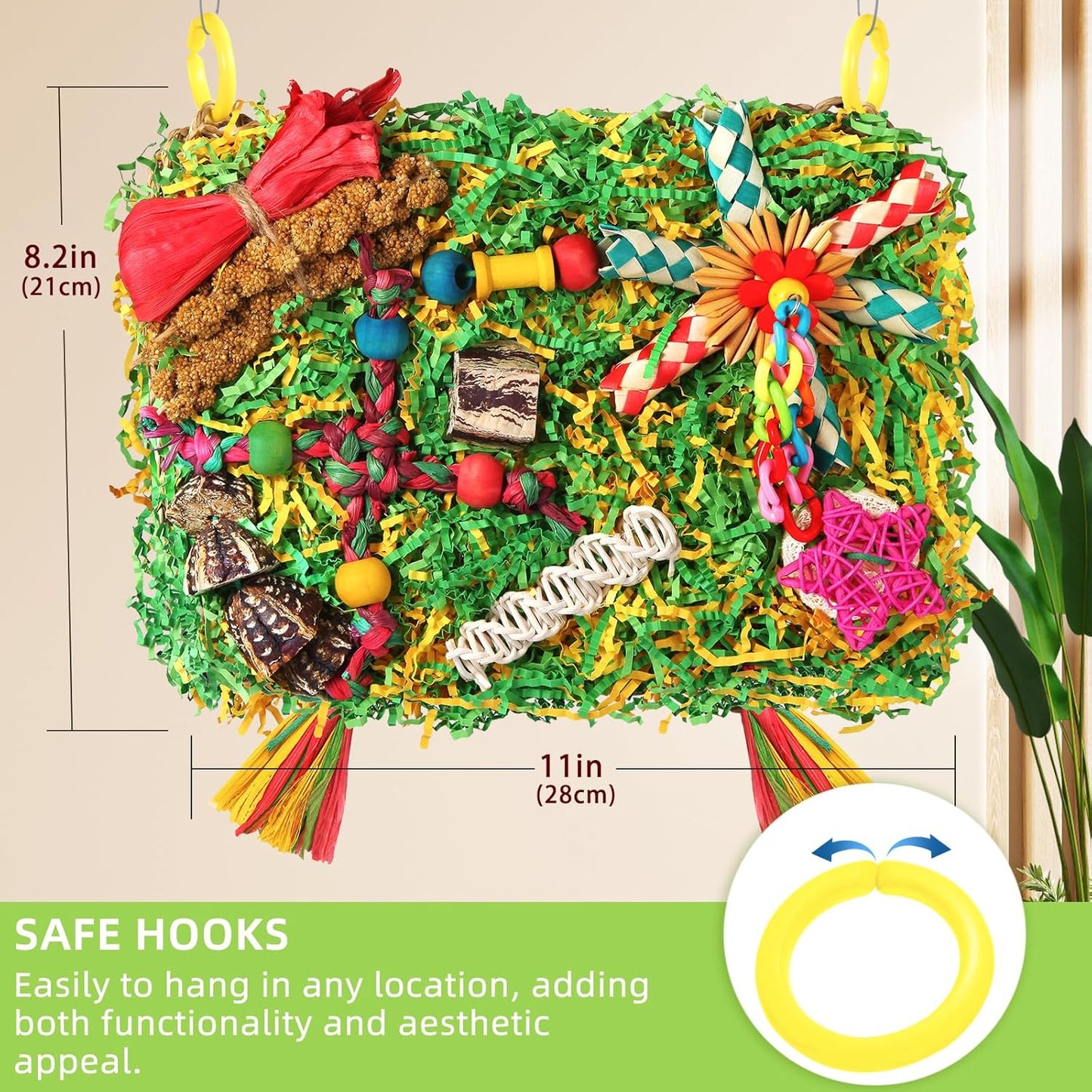 Bird Toys Parakeet Toys,Large-Sized Parrot Foraging & Shredding Cage Hanging Toys with Seagrass Mat for Budgies,Cockatiels,Lovebirds,Conures Small & Medium Parrots (Colorful with Starfruit (1PCS))