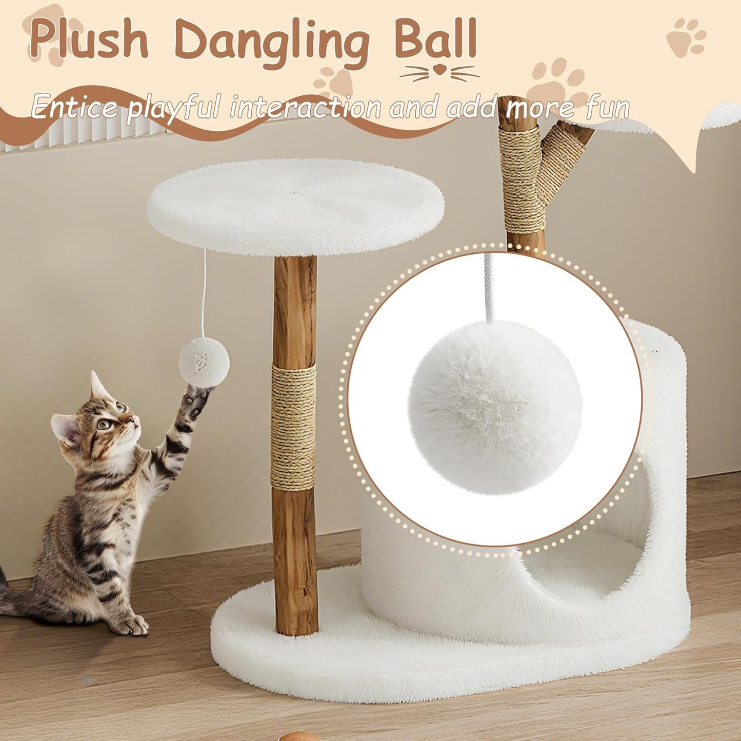 Modern Wood Cat Tree Tower for Large Cats | Luxury Solid Pear Wood Condo with Platforms, Scratching Posts & All-Season Mats, 43" Aesthetic Cat Furniture, 2 Branch
