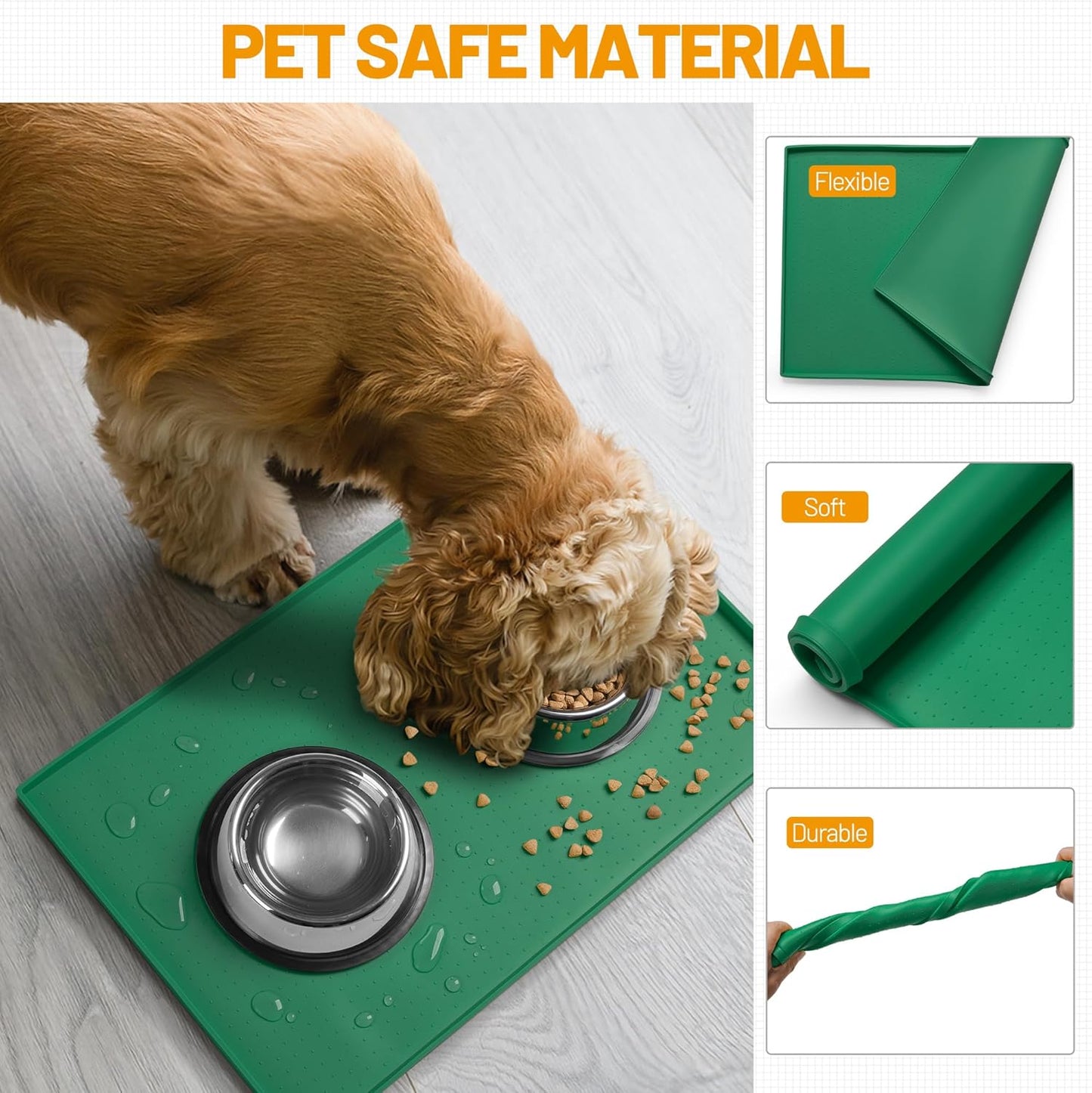 Hubulk Dog Feeding Mat,100% Waterproof Food Grade Silicone Pet Food and Water Bowl Placemat,Dishwasher, High Raised Edge to Prevent Spills,Nonslip Tray to Stop Messes on Floor（28"x18"x0.8",Hunter ）