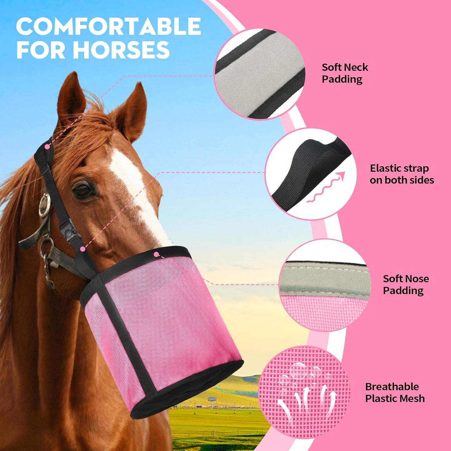 Horse Feed Bag 2 Pcs, Mesh Feed Bags for Horses, Muzzle Feedbag for Feeding Grain, Anti-Spill Design Feeder, Soft Neck Pad Nose Pad, Breathable and Universal Fit (Pink, Pack of 2)