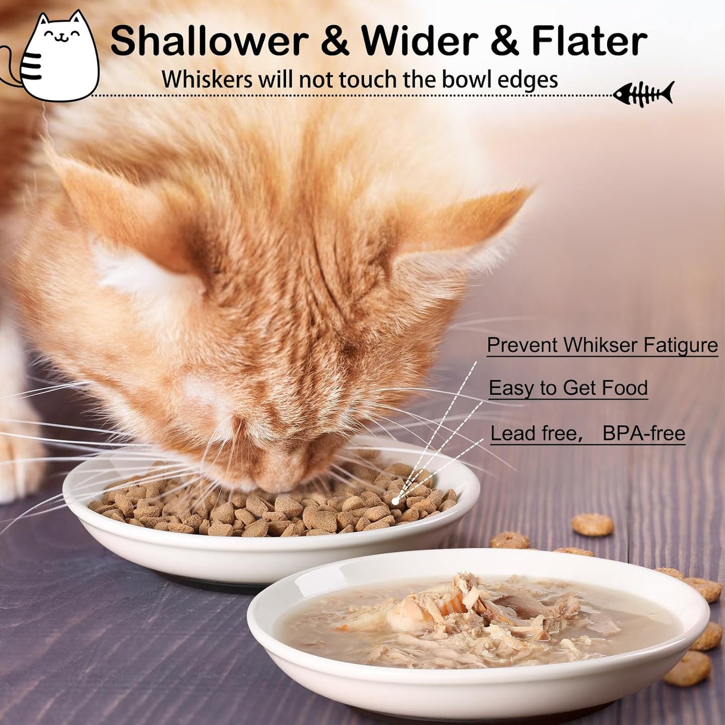Cat Food Bowl,Healthy Ceramic Cat Bowls for Indoor Cats,Anti Whisker Fatigue Cats Dishes Set,Shallow Wide Kitten Plates for Food and Water,Non-Slip Silicone Bottom,6 Pack