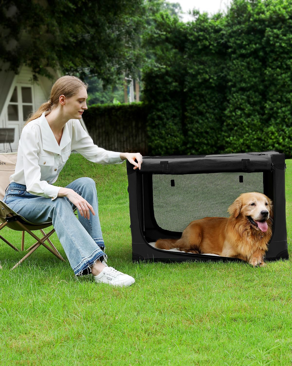 30-Inch Collapsible Travel Dog Crate, Portable 4-Door Soft Kennel for Medium to Large Dogs, Durable Mesh Windows, Indoor/Outdoor Use, Foldable, with Storage Bag (Black)