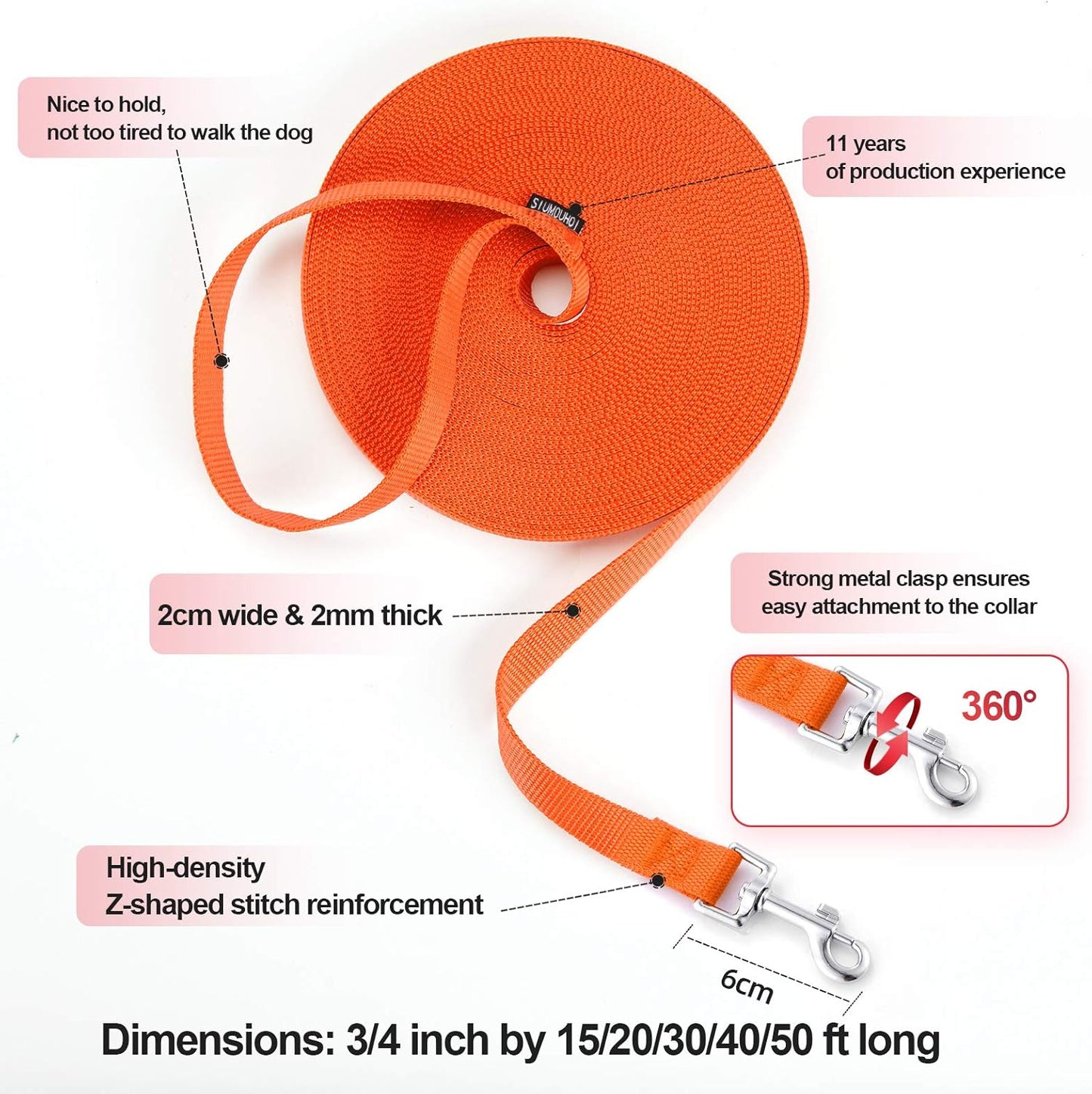 Siumouhoi Dog/Puppy Obedience Recall Training Agility Lead - 15ft 20ft 30ft 40ft 50ft Training Leash - Great for Play, Camping, or Backyard - Orange 40ft (40Feet, Orange)