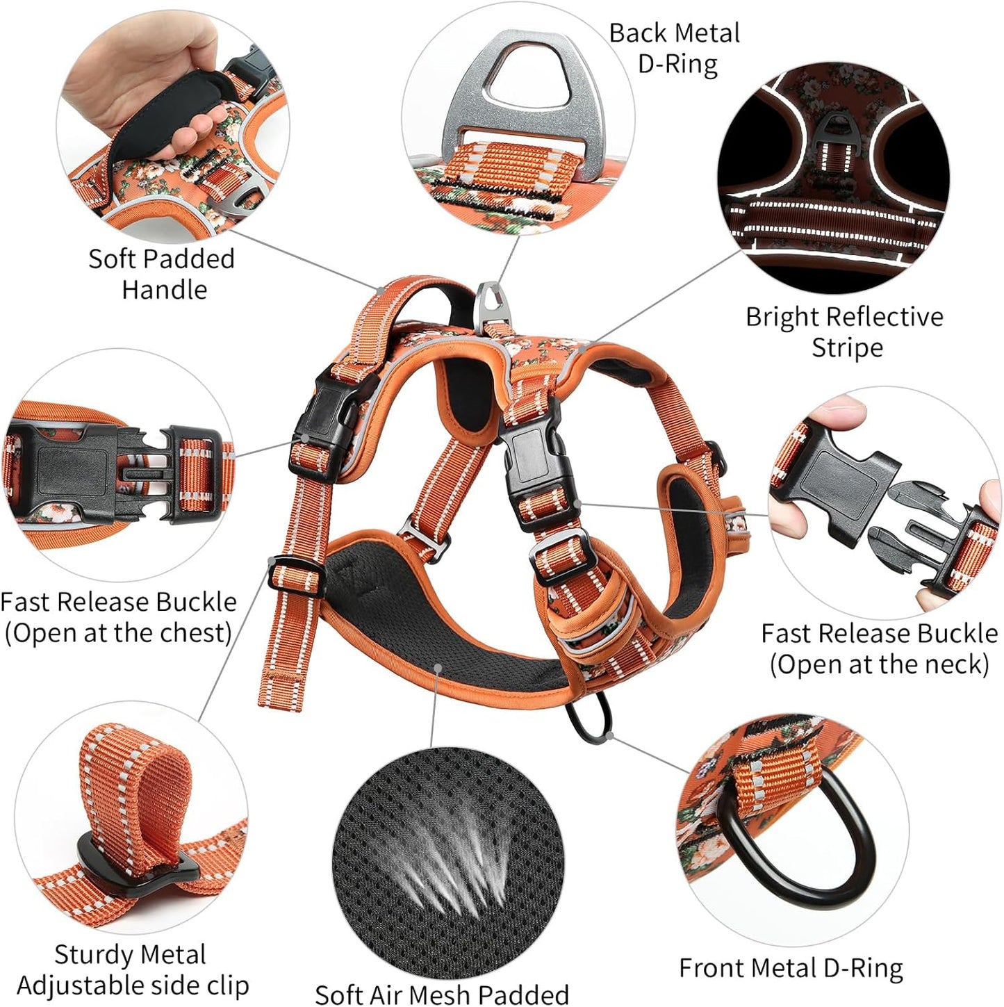 Timos Dog Harness for Medium Dogs, No Pull Service Vest with Reflective Strips and Control Handle,No Choke Dog Harness with 2 Metal Rings for Easy Walking,Outdoor Training,Flower Orange, M