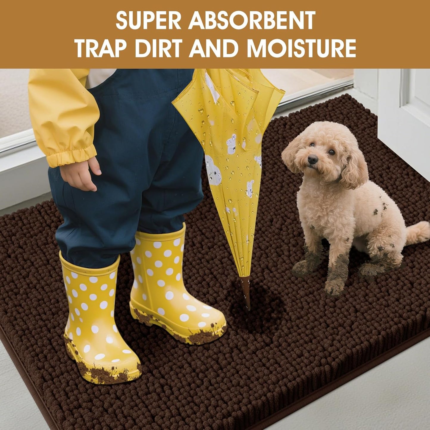 Extra Large Dog Door Mats for Muddy Paws, Chenille Absorbent Dog Mats, Non Slip Heavy Mud Mat for Dogs, Soft Pet Mat for Entryway, Mud Paws, Inside Floor,60" x 36", Brown