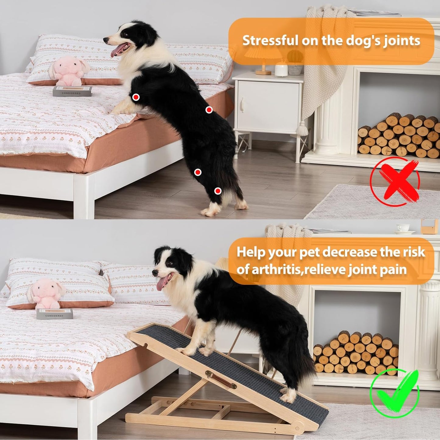 Dog Ramp for Bed Couch - Pet Steps Stairs to Get on Bed Couch 11.8"-19.6" High for Small or Large Dog Up to 200 lbs, Adjustable Wooden Dog Ramp Steps Foldable Portable, Anti-Slip Carpet (Brown)