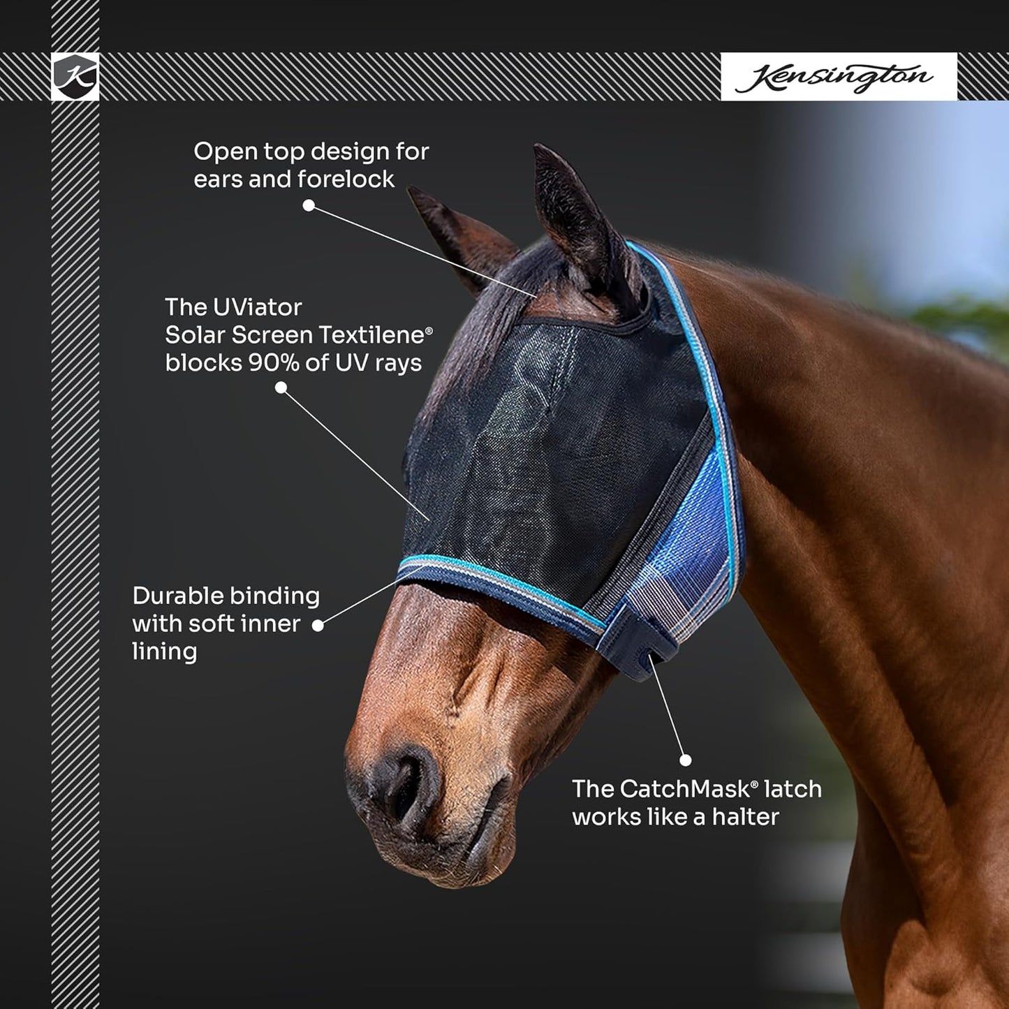 Kensington UViator CatchMask Horse Fly Mask with Web Trim UV Eye Protection Mask for Horse - Large, Deluxe Black