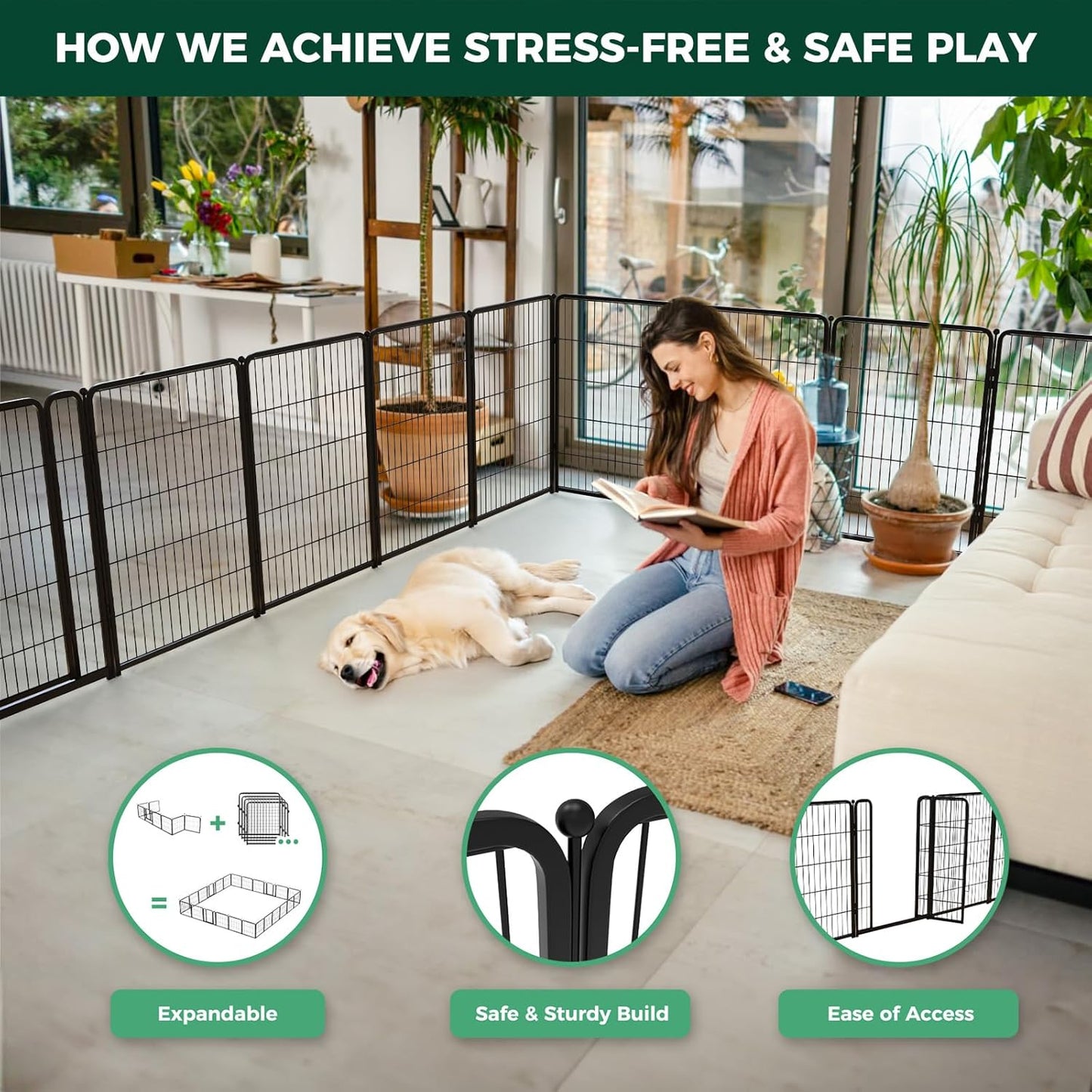 FXW Homeplus Unleashed Indoor Dog Playpen - Stress-Free and Safe Play, Heavy Duty 40 Inch 16 Wire Panels Dog Pen for Medium and Large Dogs, Black│Patented