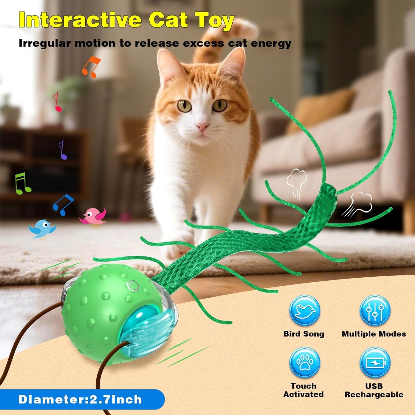 Interactive Cat Toys for Indoor Cats, Moving Cat Ball with Tail, Fast Rolling on Carpet, Chirping & Motion Activate Toy for Bored Indoor Adult Cats