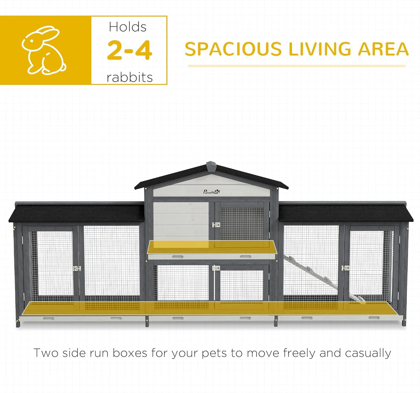 PawHut 90.5" Wooden Rabbit Hutch Bunny Cage Pet Playpen House Enclosure with Double Side Run Boxes, No Leak Tray, Ramp, for Guinea Pig and Small Animals, Light Gray