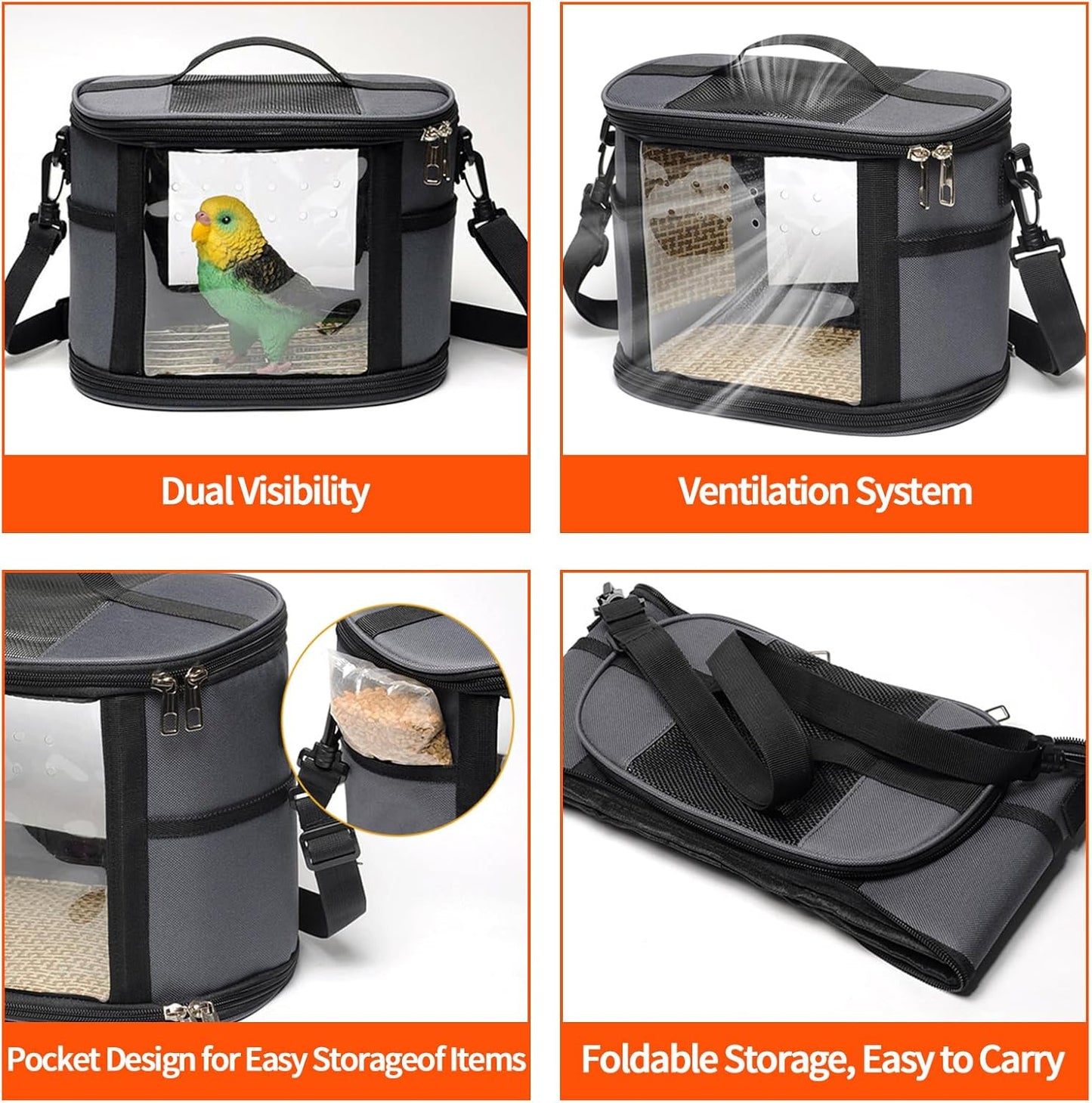 Bird Travel Carrierm, Small Bird Travel Backpack Carrier Cage with Tray and Breathable Clear Window, for Parakeet Cockatiel Budgies, for Camping Hiking (Small-White)