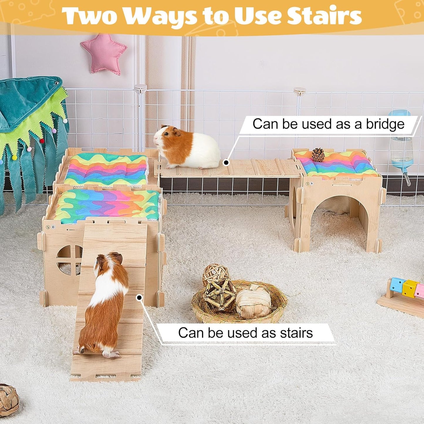 Guinea Pig Hideout, Guinea Pigs House with Stairs and Mats Extra Large Guinea Piggy Castle Detachable Hideouts for Small Animals Wooden Guinea Pig Habitats with Multiple Doors and Windows