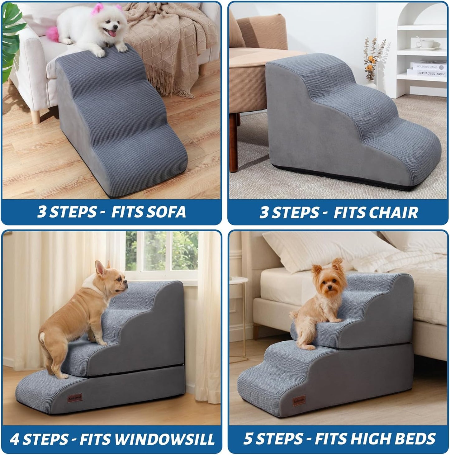 Dog Stairs and Ramp for High Bed, 5-Step Dog Steps for Small Dogs and Cats,Non-Slip Pet Stairs Suitable High Bed Climbing
