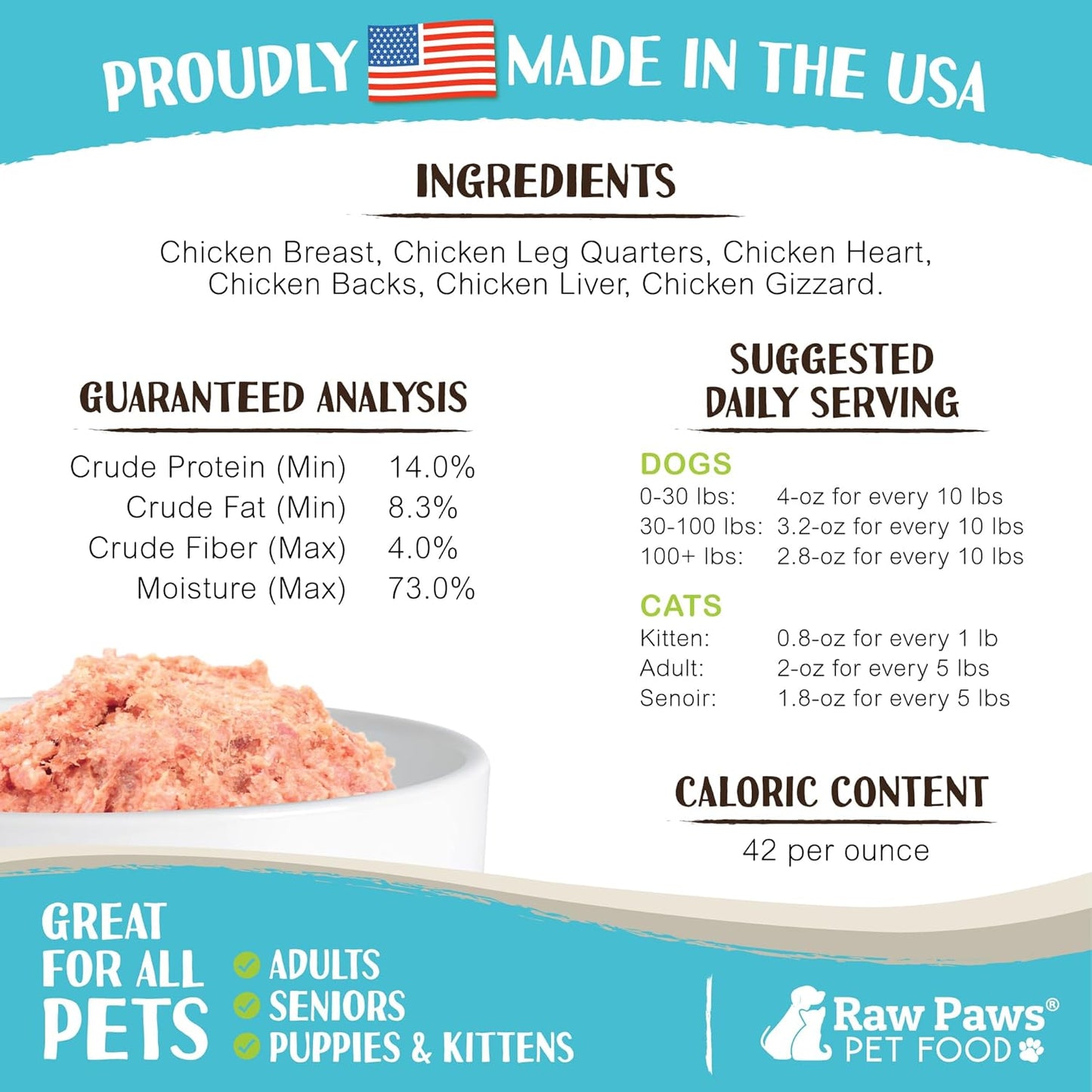 Raw Paws Signature Blend Pet Food for Dog & Cats - Chicken Recipe, 1-lb Rolls (10 Pack) - Frozen Fresh Dog Food - Made in USA - Natural Raw Diet Dog Food Log