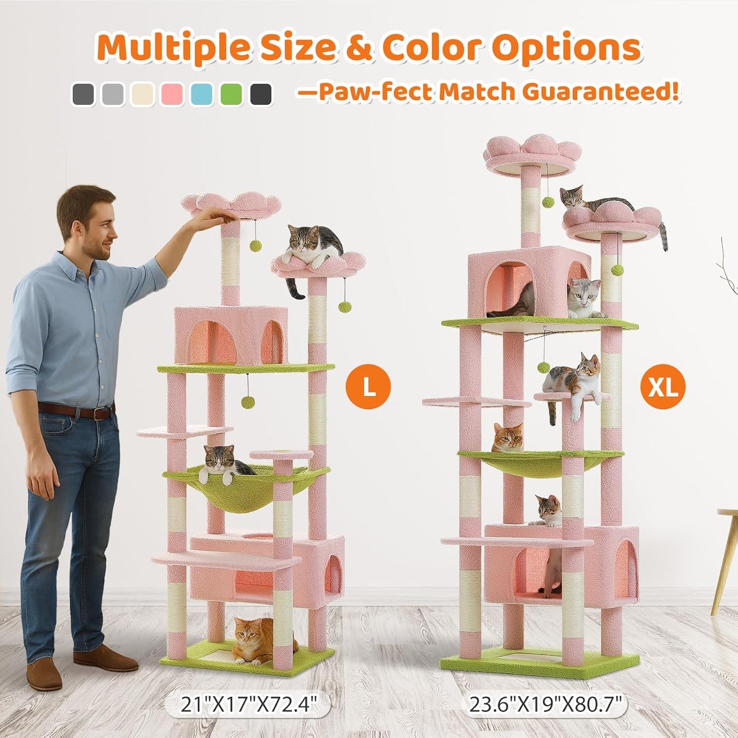 PAWZ Road Flower Cat Tree, 72 Inches Large Cat Tower with Steel Frame Hammock and 7 Scratching Posts, Tall Cat Tree with 2 Condos and Perches for Large Indoor Cats - Pink