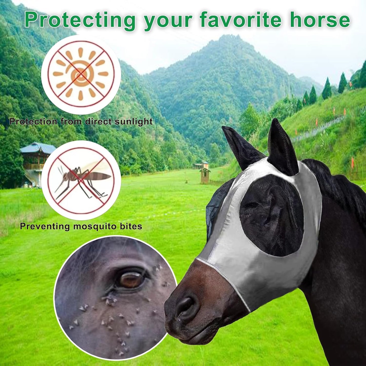 Horse Fly Mask with Ears, Comfortable Fit Stretch Fabric with UV Protection Soft on Skin Breathability for Small/Medium Size Horses (Gray)