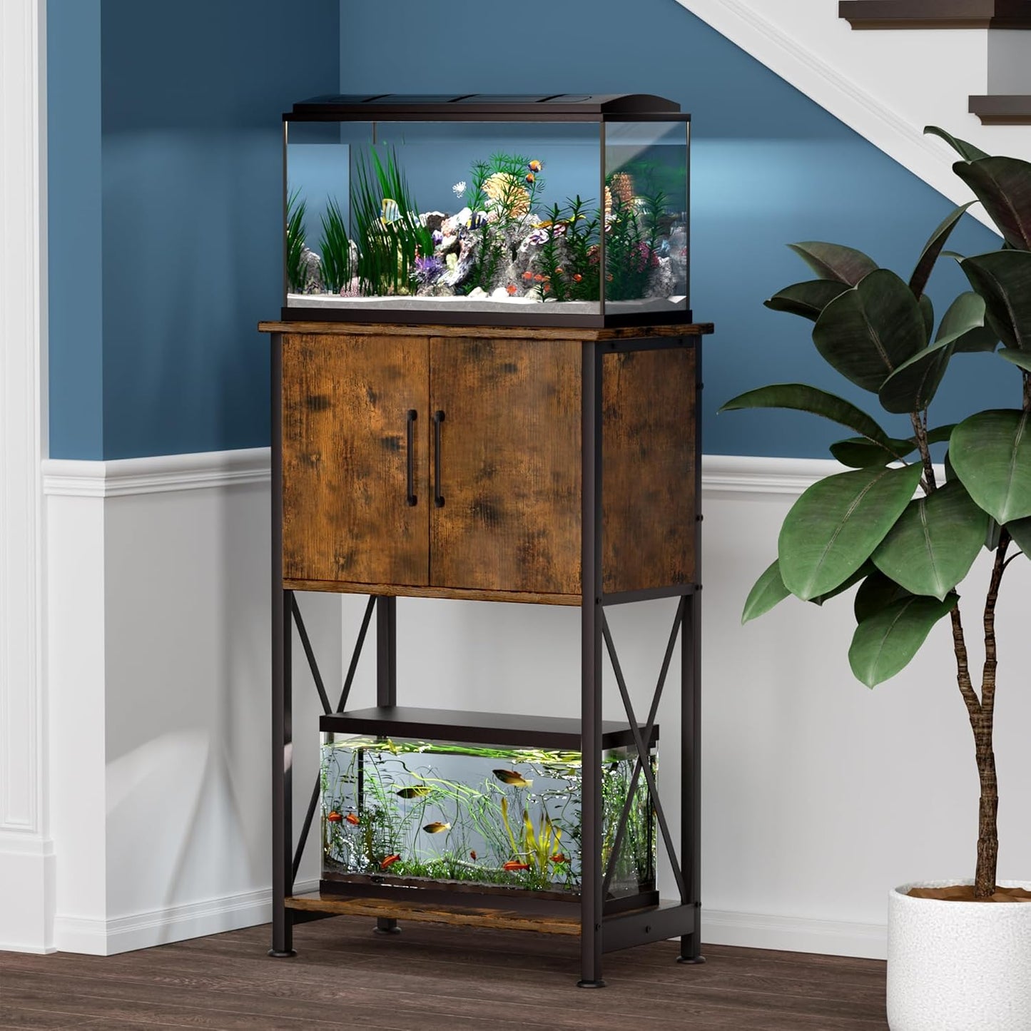 5-10 Gallon Fish Tank Stand, Metal Double Aquarium Stand with Cabinet for Fish Tank Accessories Storage, Heavy Duty 20.5" L* 11.02" W Tabletop, 500LBS Capacity Rustic Brown and Black PG06YGN