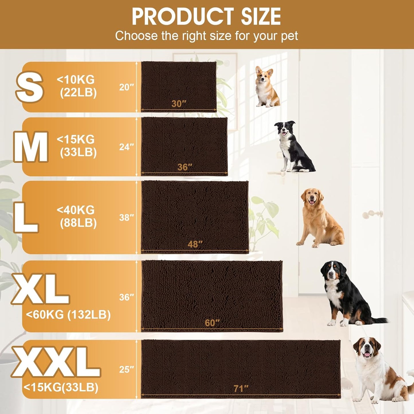 Dog Door Mats for Muddy Paws, Chenille Absorbent Door Mats, Non Slip Heavy Mud Mat for Dogs, Soft Indoor Door Mat for Entryway, Mud Paws, Inside Floor,36" X 24", Brown