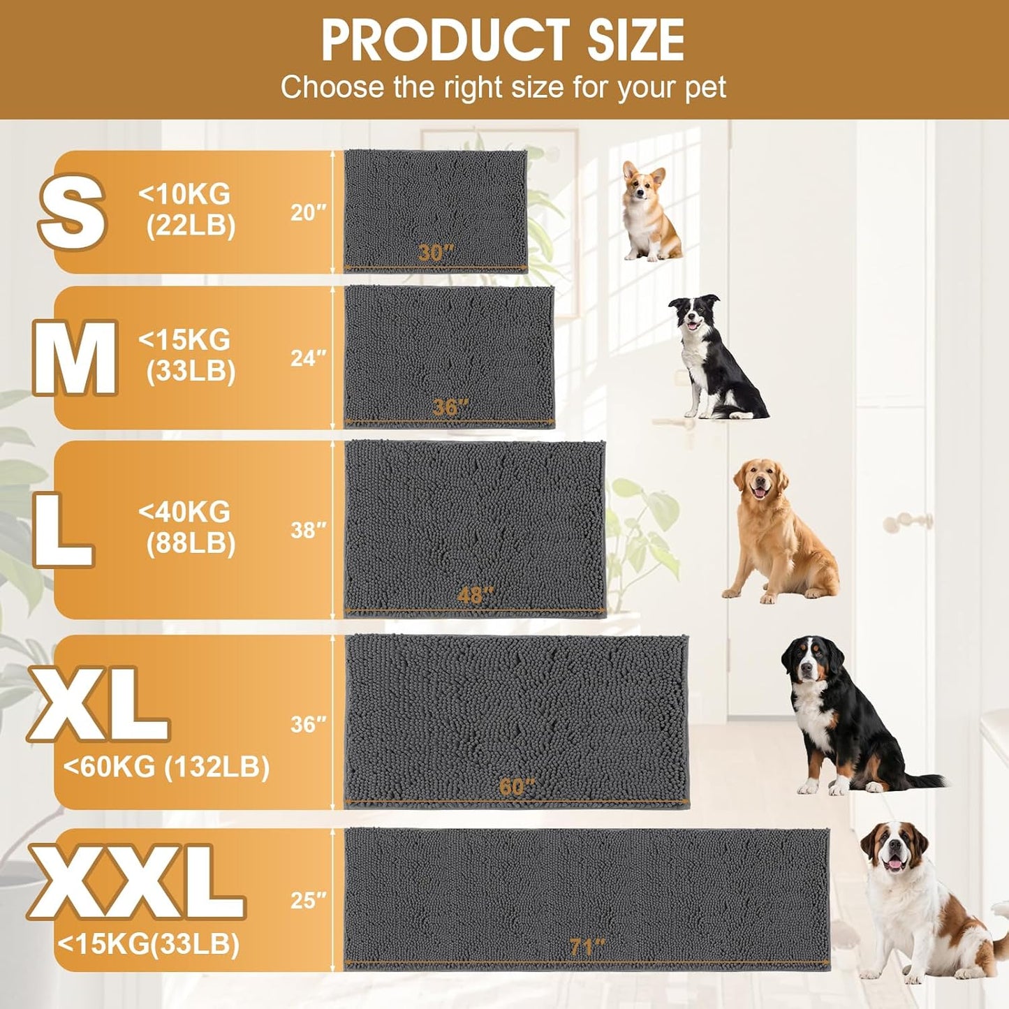 Dog Door Mats for Muddy Paws, Chenille Absorbent Dog Mats, Non Slip Heavy Mud Mat for Dogs, Soft Pet Mat for Entryway, Mud Paws, Inside Floor,48" x 38", Grey